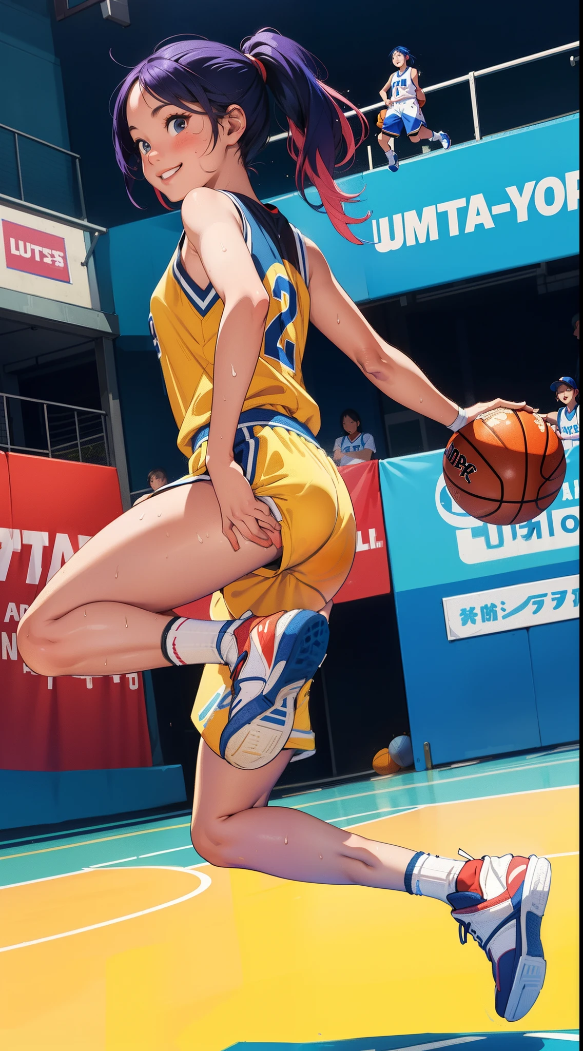 masterpiece,ultra-detailed,ultra quality, illustration, ,simple eyes, beauty face, cute face, colorful hair, 1girl,smile,basketball player,basketball uniform,(basketball court),sweaty skin,(full body),(jump:1.3),parfect anatomy,from behind
