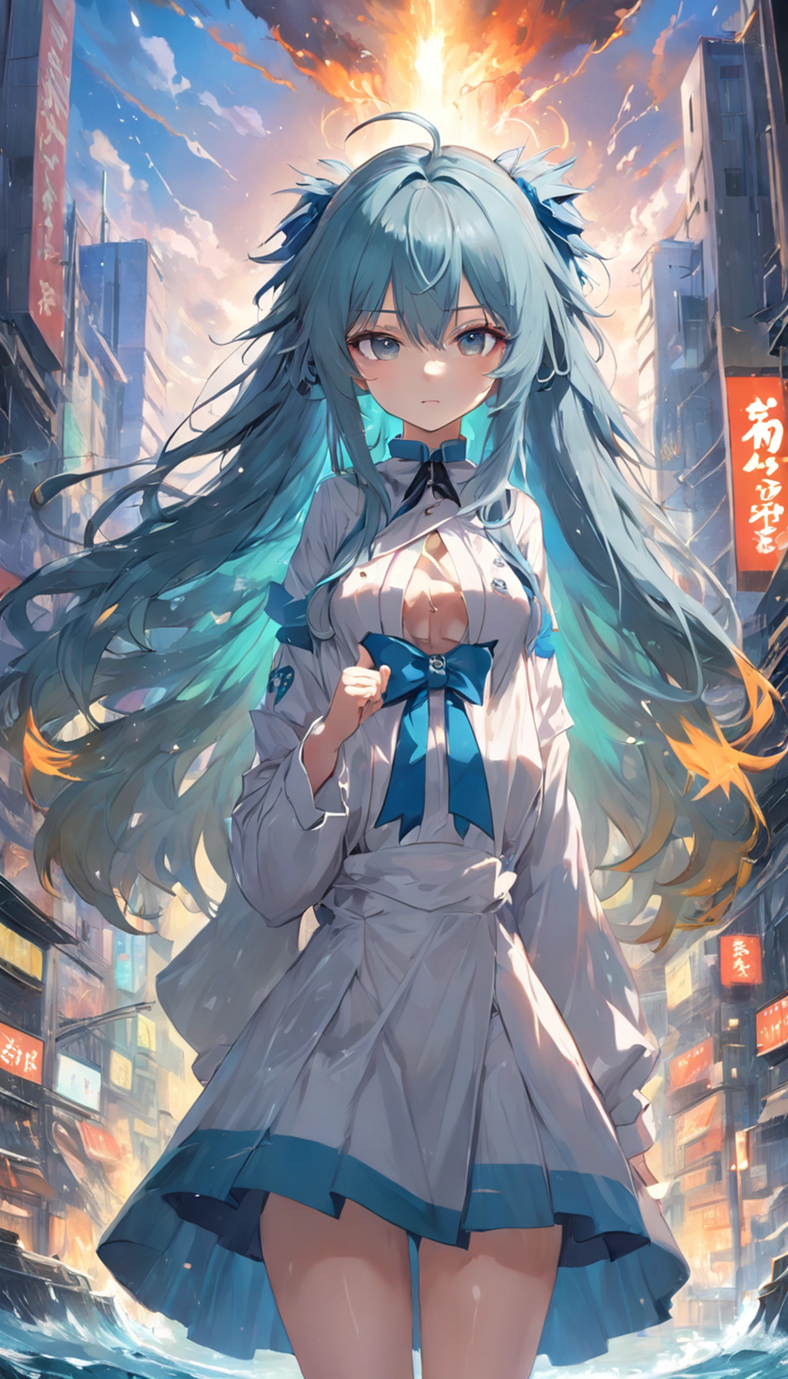 (Full body posing:1.5), (colorful:1.2), Dynamic angle, (extremely detailed CG unity 16k wallpaper:1.1), (Denoising strength: 1.45), (tmasterpiece:1.37), (beautiful detailed girl), beautiful detailed glow, ((flames of war)), (((nuclear explosion behide))), rain, detailed lighting, detailed water, (beautiful detailed eyes), expressionless, palace, azure hair, disheveled hair, long bangs, hairs between eyes, (whitegrey dress), black ribbon, white bowties, midriff, big forhead, blank stare, flower, long sleeves, illustration, god rays, sparkle, glowing light, (((masterpiece))), best quality