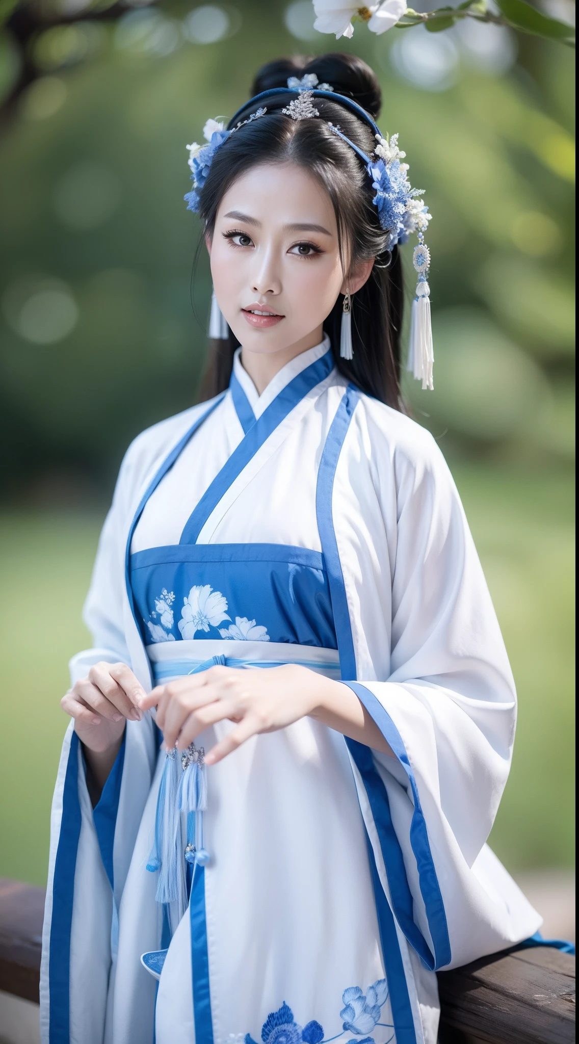 Blue and white porcelain style，Ancient Chinese clothing，The clothing is blue and white motif，ancient china art style，Fashion model 18 years old [[[[closeup cleavage]]]], [[[[boobgasm]]]], [[[[coll]]]], [[[[bshoulders]]]], perfect  eyes, Perfect iris，Perfect lips，perfect teeth，Perfect skin，with fair skin，Soft front light，hdr，Movie girl，long whitr hair，The expression was melancholy，The background is outdoor，Light blue flowers，4K Ultra HD, 超高分辨率, (Photorealistic: 1.4), Best quality，Masterpiece，Utra dilution，（pastel colour：1.2）