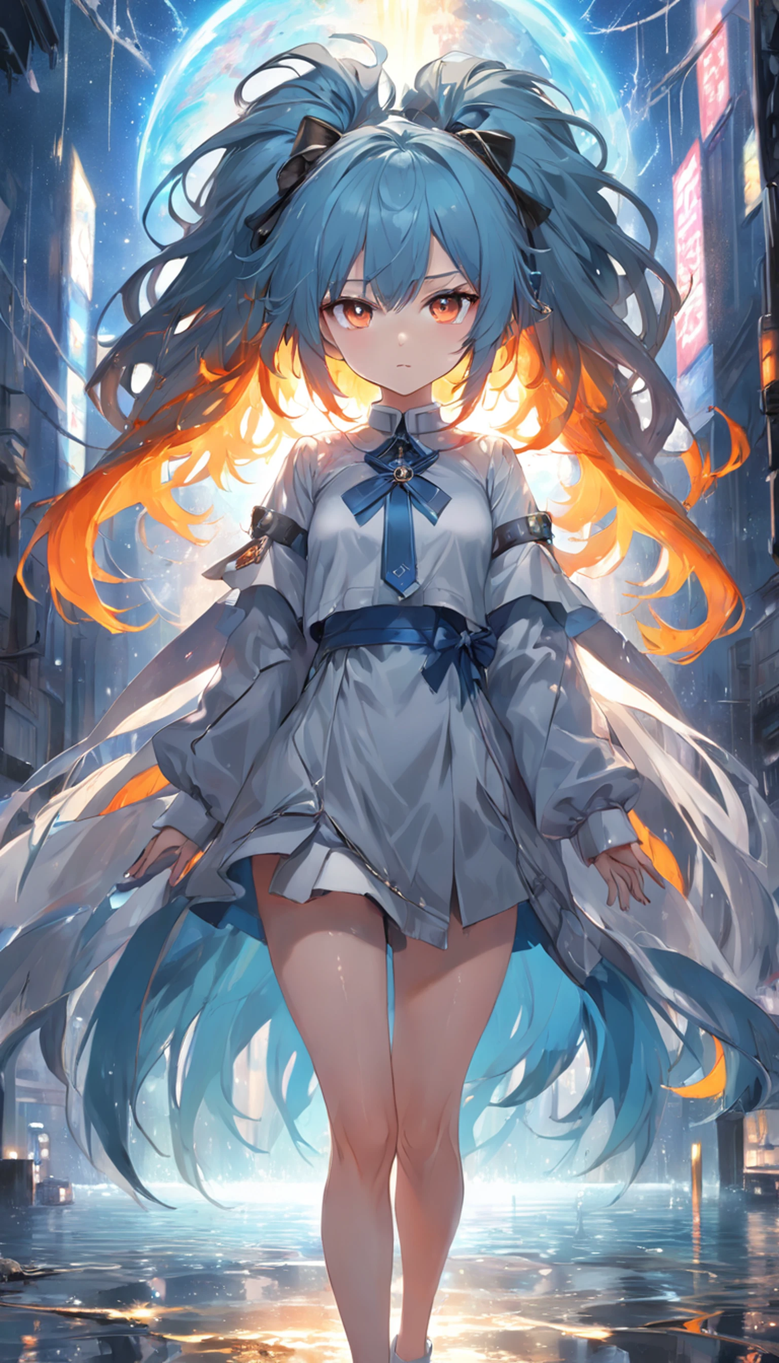 (Full body posing:1.5), (colorful:1.2), Dynamic angle, (extremely detailed CG unity 16k wallpaper:1.1), (Denoising strength: 1.45), (tmasterpiece:1.37), (beautiful detailed girl), beautiful detailed glow, ((flames of war)), (((nuclear explosion behide))), rain, detailed lighting, detailed water, (beautiful detailed eyes), expressionless, palace, azure hair, disheveled hair, long bangs, hairs between eyes, (whitegrey dress), black ribbon, white bowties, midriff, big forhead, blank stare, flower, long sleeves, illustration, god rays, sparkle, glowing light, (((masterpiece))), best quality