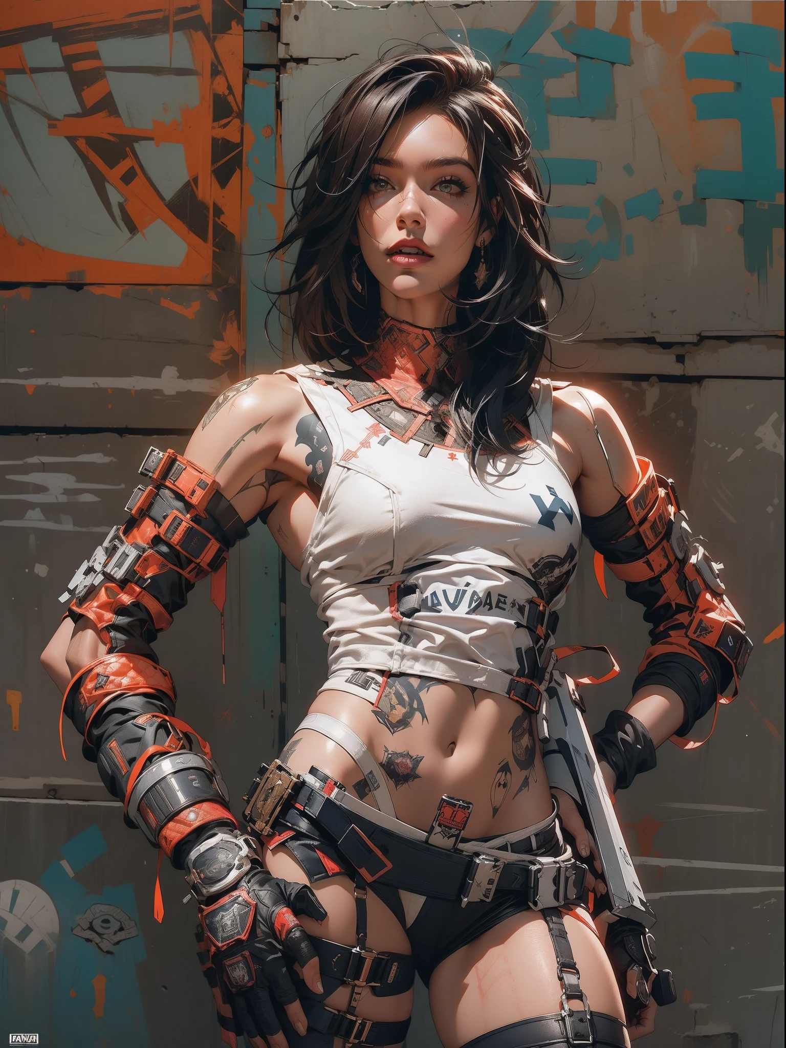 (((mulher))), (((melhor qualidade))), (((obra prima))), (((adulto))), (((1girl))), ((( corte de cabelo bob ))), Uma gladiadora cyberpunk mulher de 25 anos com corpo perfeito, shoulder pads with metal spines, Gladiadores do Brooklyn, (( corte de cabelo bob )), tiny leather panties, camiseta de time de rugby rasgada, quase nua no estilo selvagem urbano de Simon Bisley para a capa da revista Heavy Metal, Cabelo loiro curto, Minimum clothing, Metal protection on the left arm with intricate graphics, Dark red with white stars and white and navy blue checkerboard pattern, armadura, cheio de pontas e rebites, (((do joelho pra cima))), cabelos loiro branco curto, no fundo uma parede pintada por Shepard Fairey com um design intrincado