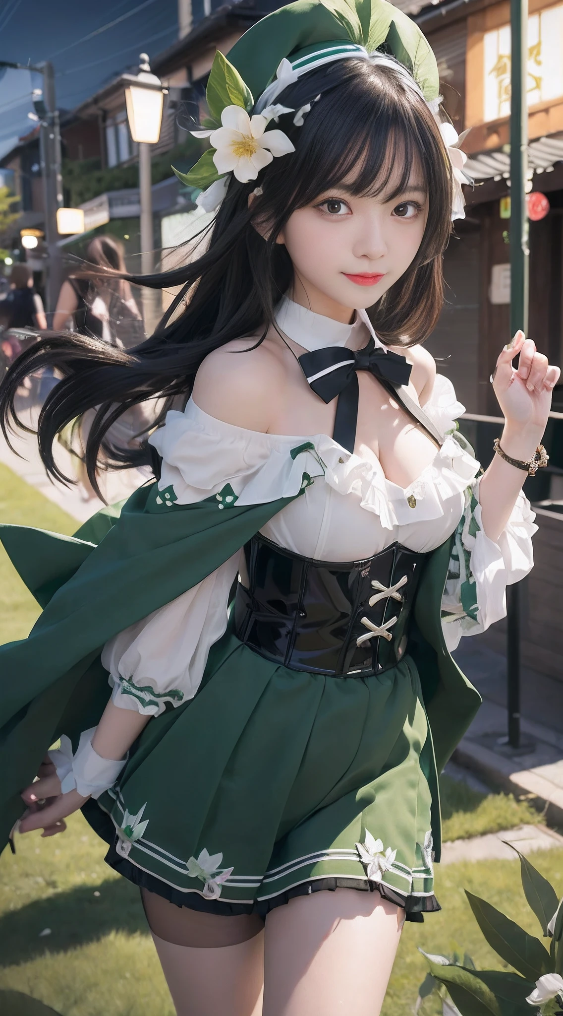 1girl, venti, from genshin inpact, cute hot, happy, green eyes sakura, long black hair, attribute full white and green and black, black tape and green tape, big tits, big thighs, beautiful, realistis, ultra detail,