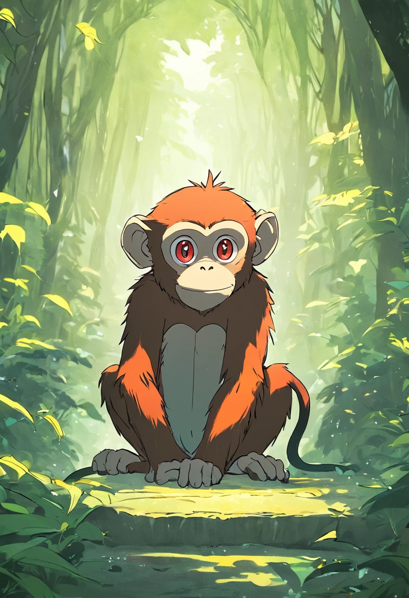 coloring book of a monkey in the forest, cartoon style, thick lines, no color, white background , strokes only