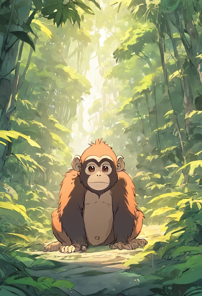 coloring book of a monkey in the forest, cartoon style, thick lines, no color, white background , strokes only