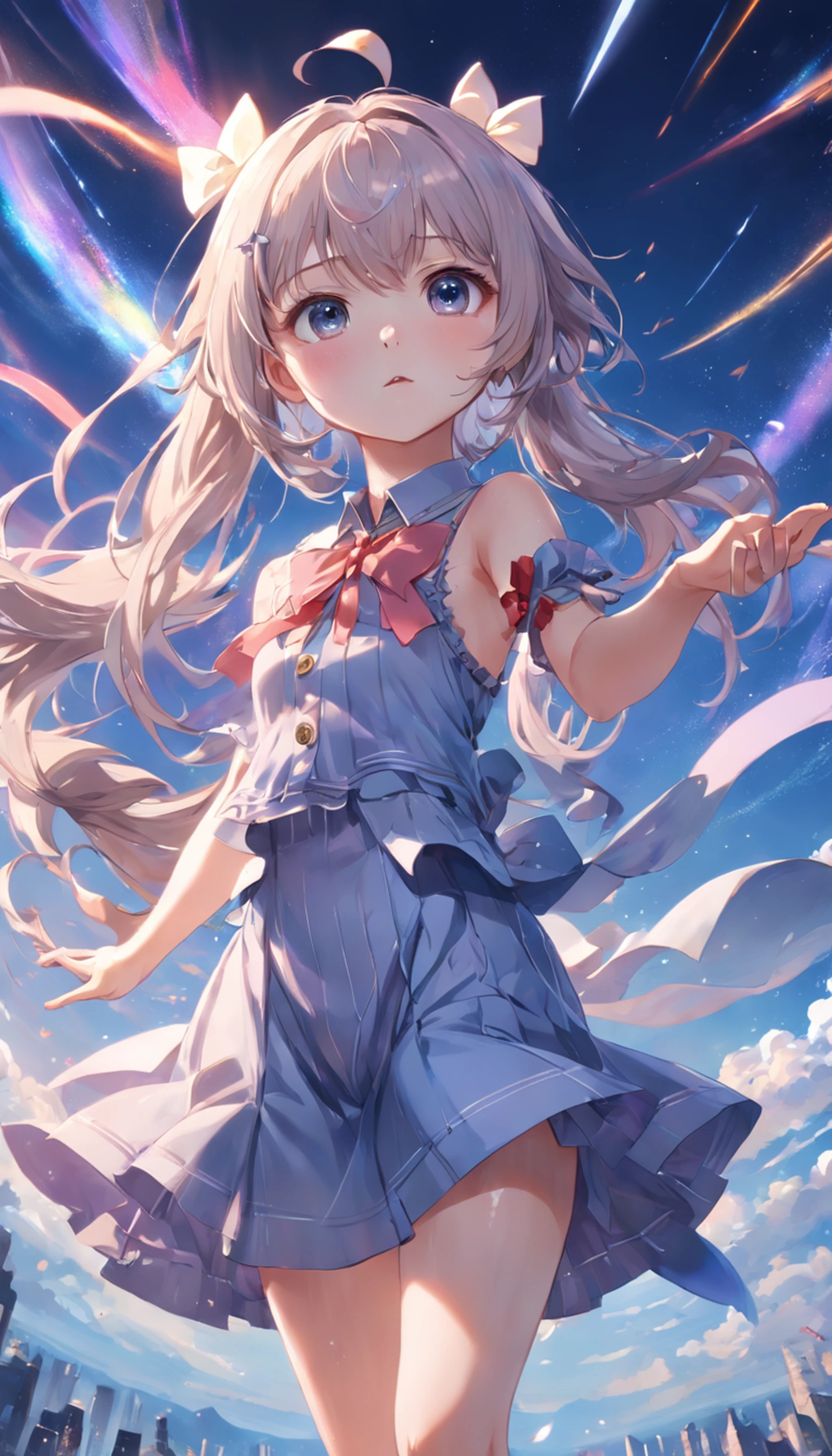 (Full body posing:1.5), (colorful:1.2), Dynamic angle, (extremely detailed CG unity 16k wallpaper:1.1), (Denoising strength: 1.45), (tmasterpiece:1.37), ((ultra-detailed)), (1 girl), (solo), ((an extremely delicate and beautiful)), girl, ((beautiful detailed sky)), beautiful detailed eyes, side blunt bangs, hairs between eyes, ribbons, bowties, buttons, bare shoulders, (small breast), blank stare, pleated skirt, close to viewer, ((breeze)), Flying splashes, Flying petals, wind, (illustration), god rays, sparkle, glowing light, (((masterpiece))), (((best quality)))