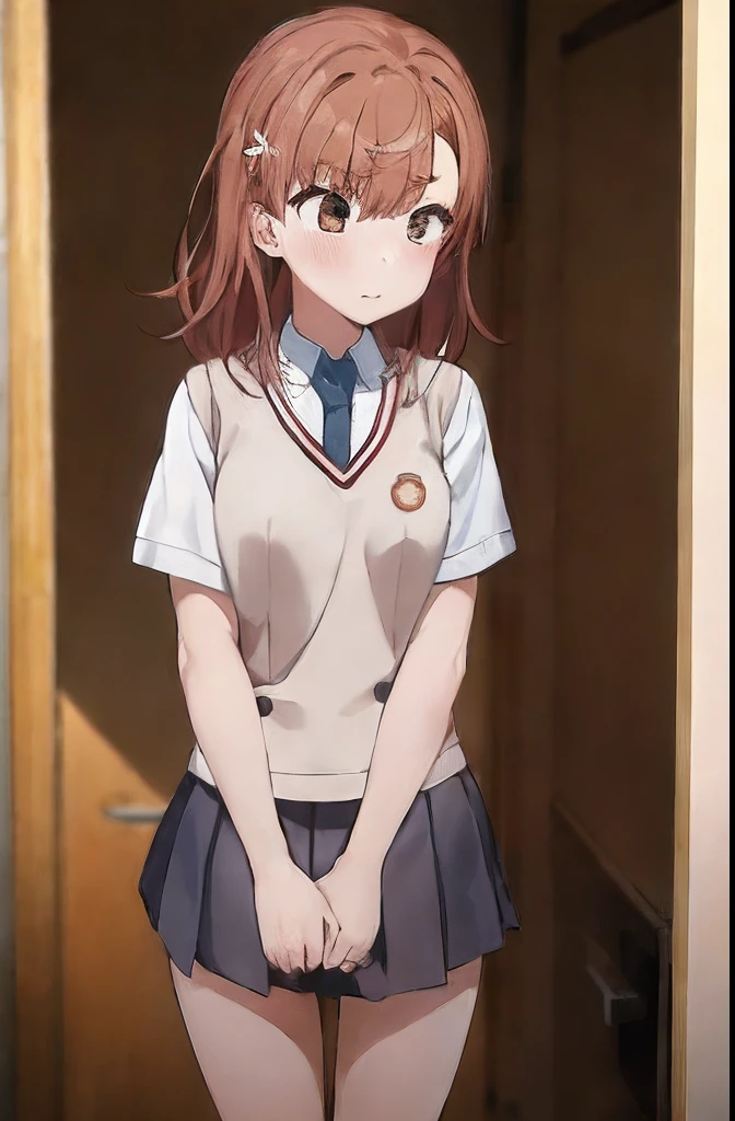 Masterpiece, highres, high Quality, 1girl, clothes lift, lifted by another, skirt lift,, masterpiece, best quality, highly detailed, misaka_mikoto, school_uniform, tokiwadai_school_uniform, white cute panties, flushed face, embarrassed, looking sideways, looking away,