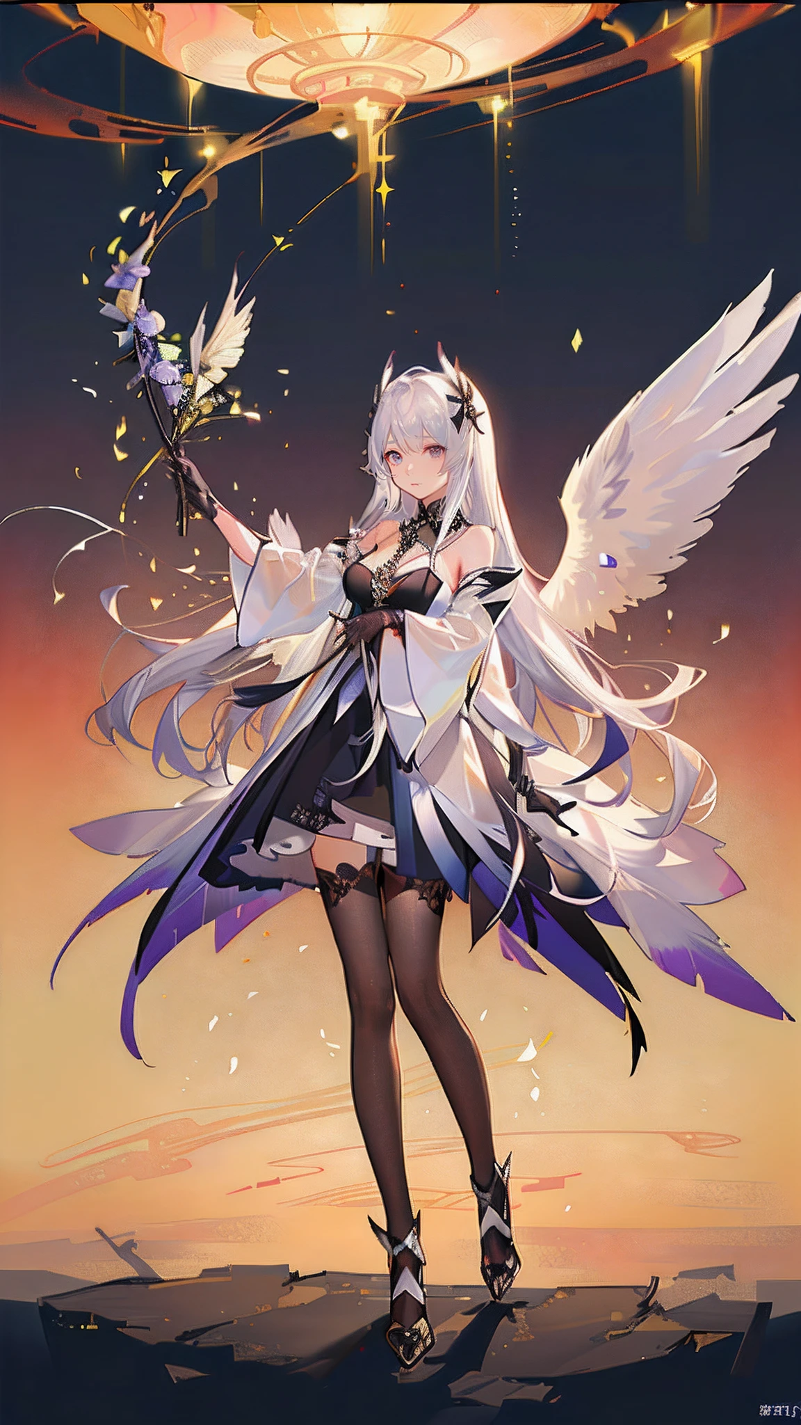 1girl in, 独奏, offcial art, unity 8k wall paper, ultra - detailed, prettify、Aesthetic, tmasterpiece, top-quality, Photorealsitic, A female angel、one white winged、Silver armor、Helmet with feather decoration、Long steel spear、Glowing angel circle、Light magic、depth of fields, Fantastic atmosphere, calm color palette, Tranquil Mood, Soft Shading (zentangle、datura、Tangles、Tangles:0.7) abstract backgrounds、The most beautiful forms of chaos、ellegance、Dark theme designed by brutalists