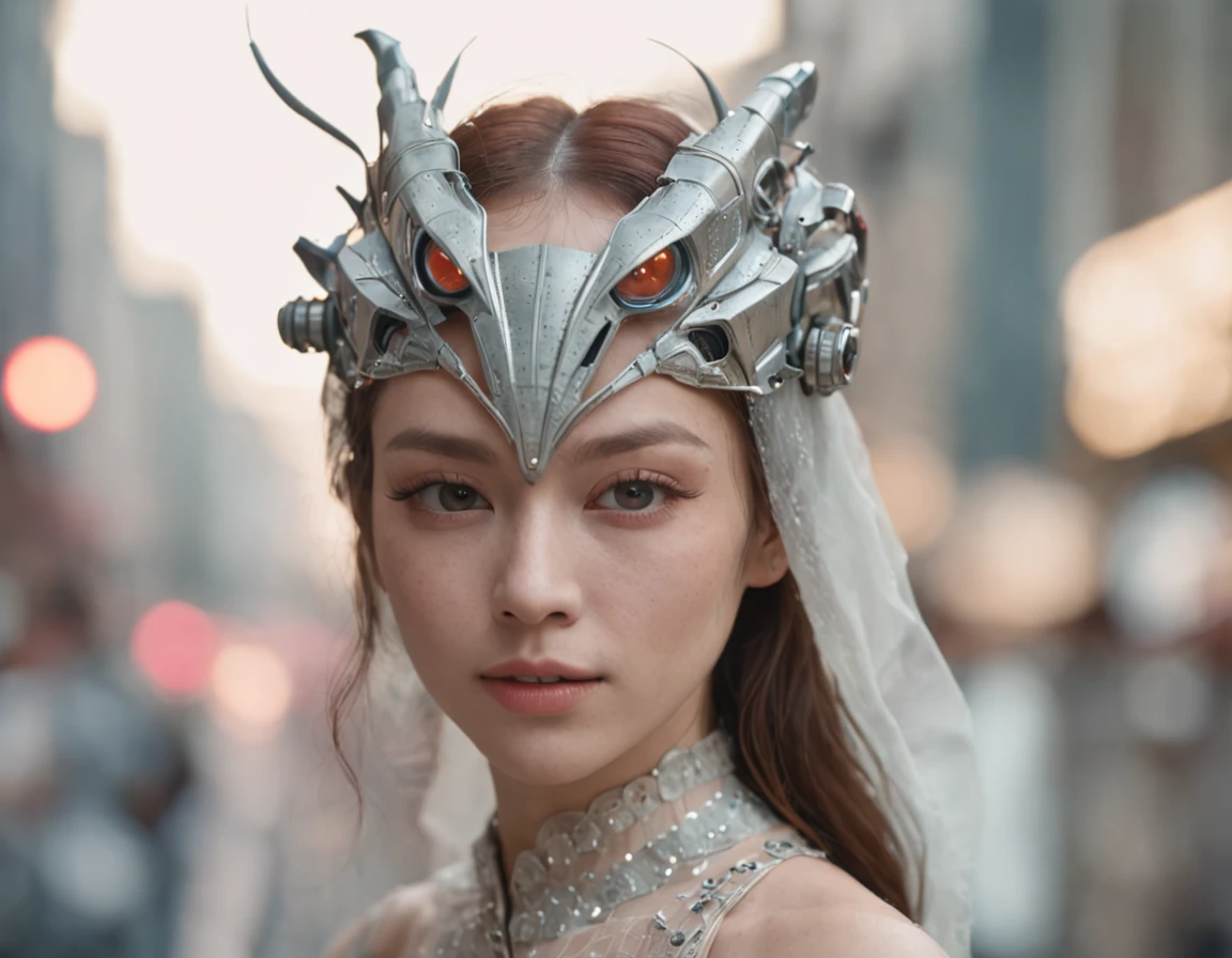 offcial art, Unity 8k wallpaper, ultra - detailed, Beautiful and aesthetic, Beautiful, tmasterpiece, best qualityer, .primitive, super thin photo, 超高分辨率, Fotorrealista, rays of sunshine, full-body portraits, unbelievable beautiful, dynamicposes, delicated face, vibrant eyes, (the sideview), There are people in town wearing strange futuristic masks,Wear extravagant vintage fashion outfits,Men and women wearing alien makeup and old ornaments,With mechanical pets, wes anderson(Wes Anderson)Science fiction films of the 1960s, pastels colors, Rosa, Blue and green, natural soft light, psychedelia, Strange futurist, foco nítido, intrinsic, Fujifilm 55mm film, highly detailed, Detal Face, Occupies detailed complex backgrounds, Messy, big breasts beautiful, milkyW, highly detailedskin, Realistic details of skin, Visible pores, foco nítido, volume fog, 8K UHD, SLR camera, high high quality, Particles for movie cameras, rendering, DL, Expand the metropolis in a retro-futuristic dystopia, look from down, semi transparent