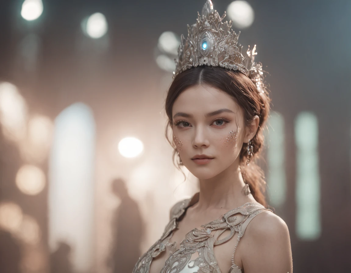offcial art, Unity 8k wallpaper, ultra - detailed, Beautiful and aesthetic, Beautiful, tmasterpiece, best qualityer, .primitive, super thin photo, 超高分辨率, Fotorrealista, rays of sunshine, full-body portraits, unbelievable beautiful, dynamicposes, delicated face, vibrant eyes, (the sideview), There are people in town wearing strange futuristic masks，Wear extravagant vintage fashion outfits，Men and women wearing alien makeup and old ornaments，With mechanical pets, wes anderson（Wes Anderson）Science fiction films of the 1960s, pastels colors, Rosa, Blue and green, natural soft light, psychedelia, Strange futurist, foco nítido, intrinsic, Fujifilm 55mm film, highly  detailed, Detal Face, Occupies detailed complex backgrounds, Messy, big breasts beautiful, milkyW, highly detailedskin, Realistic details of skin, Visible pores, foco nítido, volume fog, 8K  UHD, SLR camera, high high quality, Particles for movie cameras, rendering, DL, Expand the metropolis in a retro-futuristic dystopia, look from down, semi transparent