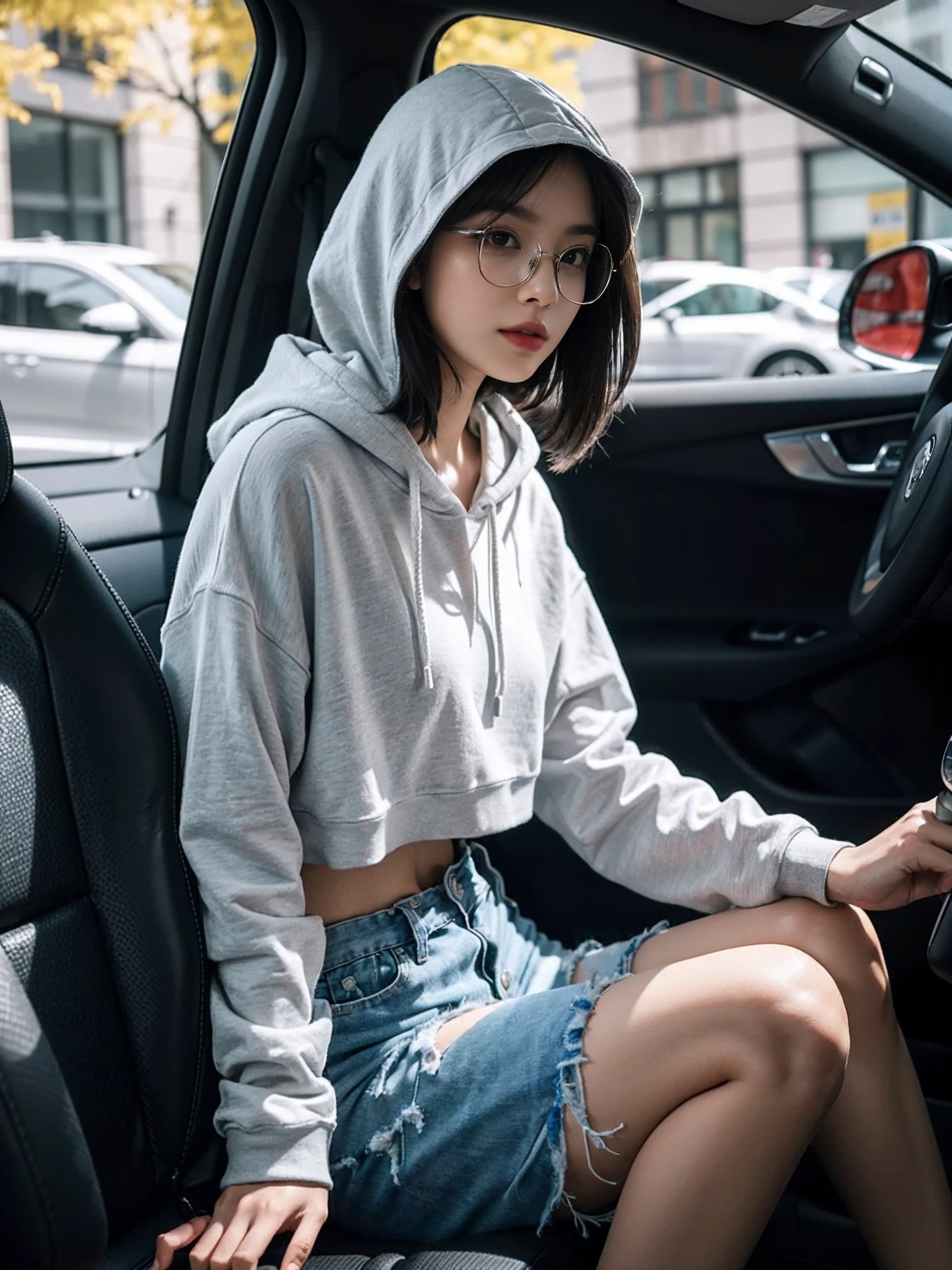 ((smallunderboob,Tomboyish,small heads)), (Well-defined abs: 1.1), (perfect bodies: 1.1), (short-length straighthair: 1.2), Black hair,attractive collarbone，（极其细致的CG 8k壁纸），（Extremely refined and beautiful），（tmasterpiece），（best qualtiy：1.0），（超A high resolution：1.0），upper body photos，[A high resolution]，A beautyful girl，cheerfulness，ssmile，Smooth and flawless fair skin，ultra - detailed ，Elongated legs，flatchest，Slim，emaciated，Female driver，In a private car，Place your hands on the steering wheel，driving car，Wearing glasses，Look ahead，Tulle transparent light gray hooded sweatshirt，Black denim shorts，White sneakers，Close-up