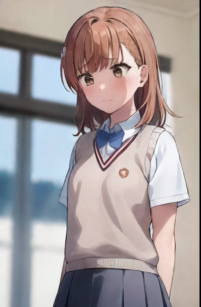 Masterpiece, highres, high Quality, 1girl, clothes lift, lifted by another, skirt lift,, masterpiece, best quality, highly detailed, misaka_mikoto, school_uniform, tokiwadai_school_uniform, white cute panties, flushed face, embarrassed, looking sideways, looking away,