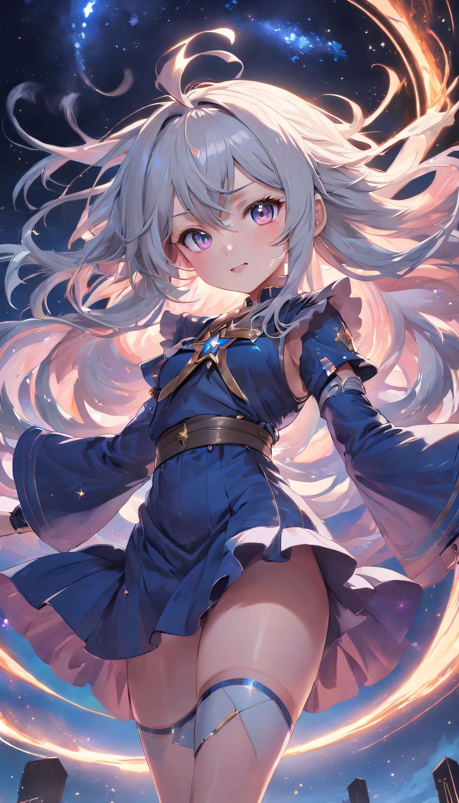 (Full body posing:1.5), (colorful:1.2), Dynamic angle, (extremely detailed CG unity 16k wallpaper:1.1), (Denoising strength: 1.45), (tmasterpiece:1.37), ((ultr detailed)), ((disheveled hair)), beautiful detailed eyes, (1girl:1.2), (solo), dynamic angle, dark magician girl, (black kneehighs:1.1), (starry tornado:1.4), starry Nebula, ((frills)), beautiful detailed sky, beautiful detailed eyes, evil smile, expressionless, hairs between eyes, white  hair, pleated skirt, ((disreveled hair)), ((illustration)), god rays, sparkle, glowing light, ((masterpiece)), (((best quality)))