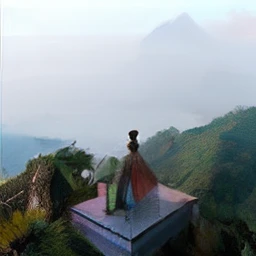 there is a man that is standing on a hill with a camera, moutain in background, chill time. good view, scenary, 8 k. filling of the view, with mountains in the distance, in jungle forest peak, at the top of a mountain, amidst nature, with mountains in the background, 8 k. filling most of the view