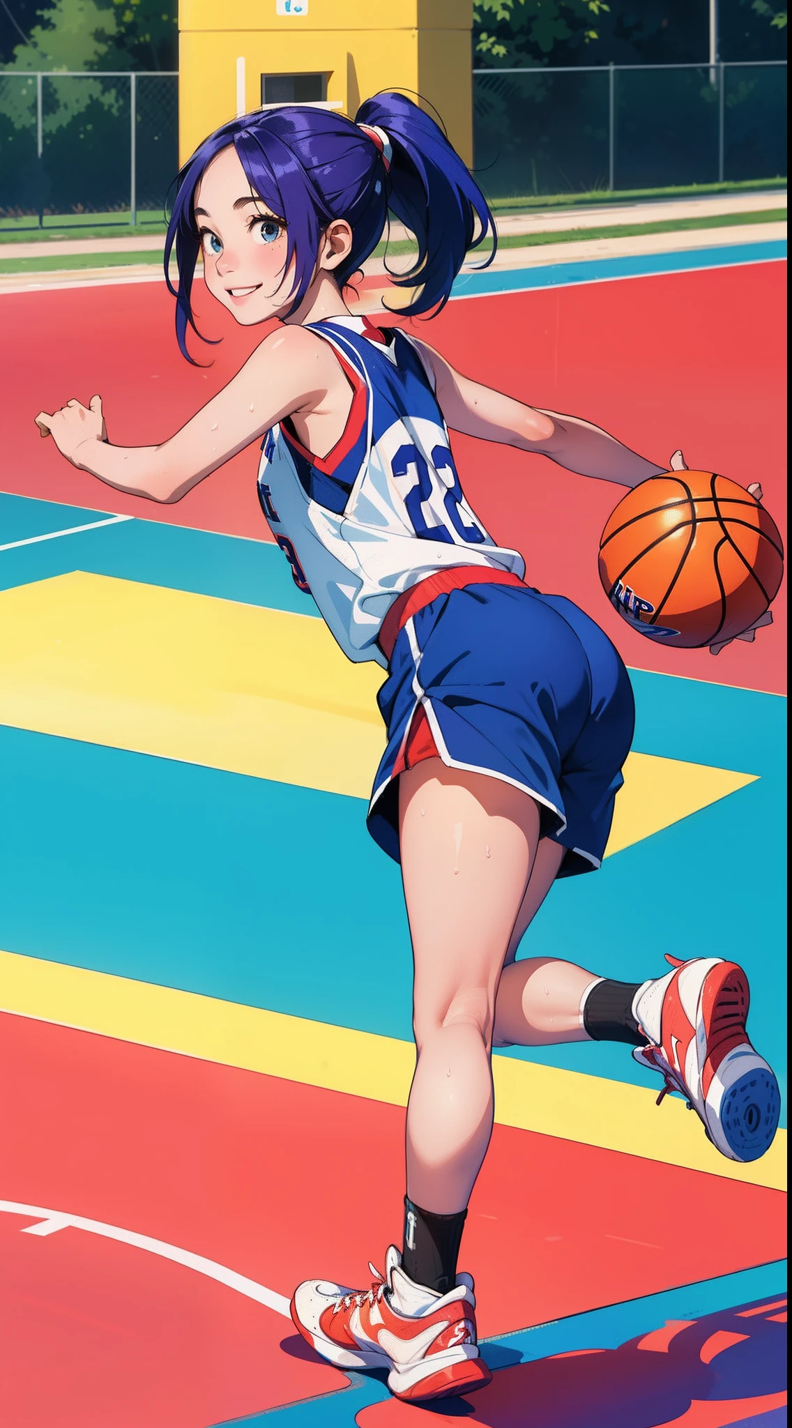 masterpiece,ultra-detailed,ultra quality, illustration, ,simple eyes, beauty face, cute face, colorful hair, 1girl,smile,basketball player,basketball uniform,(basketball court),sweaty skin,(full body),(jump:1.3),parfect anatomy,from behind,(Uplifting)