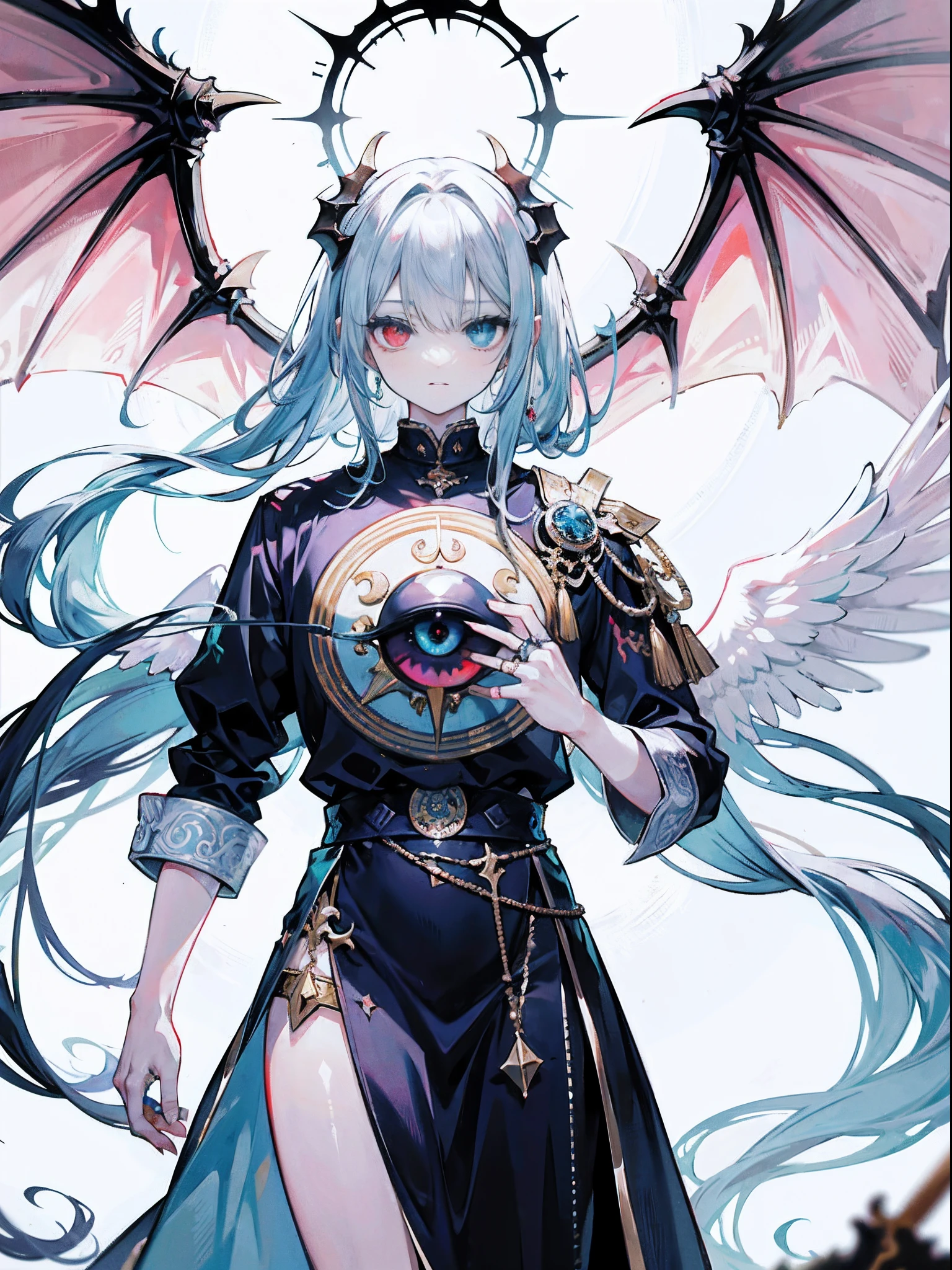 Monster angels that look sacred,His eyes are waiting for heterochromia,His whole body consists of a huge one-eyed eye,and a metal ring around one eye,The ring is crawling with the eyeball,The dragon has many wings on the white holy angel