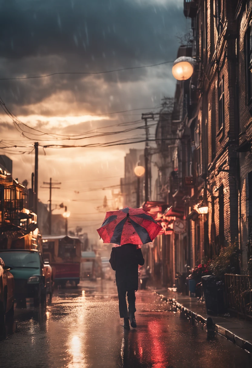 The sun shines faintly through the raindrops on a spring day, and the image of a lover walking affectionately with an umbrella through it