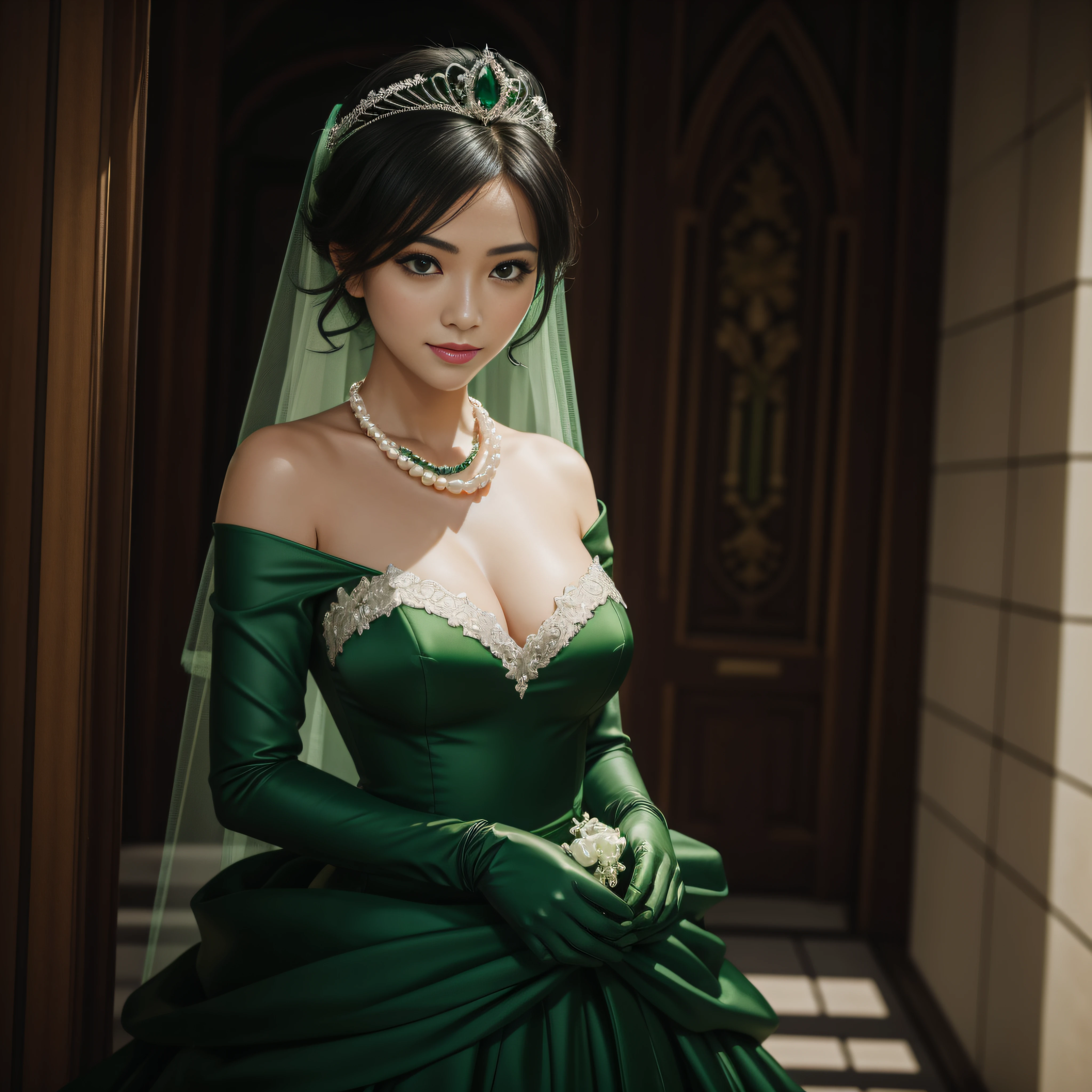 Green Dress Flower Cleanser，Sense of atmosphere, best qualtiy，tmasterpiece，1girll，30-years old，Green dress，Daytime Church，full body Esbian, Green gloves，With short black hair，??????????? beautiful，looking at viewert，ssmile，Green Bridal Veil，Green Long Grove，Satin green long gloves,　lipsticks, Pearl Necklace、Green gloves,　emerald tiara, A Japanese Lady