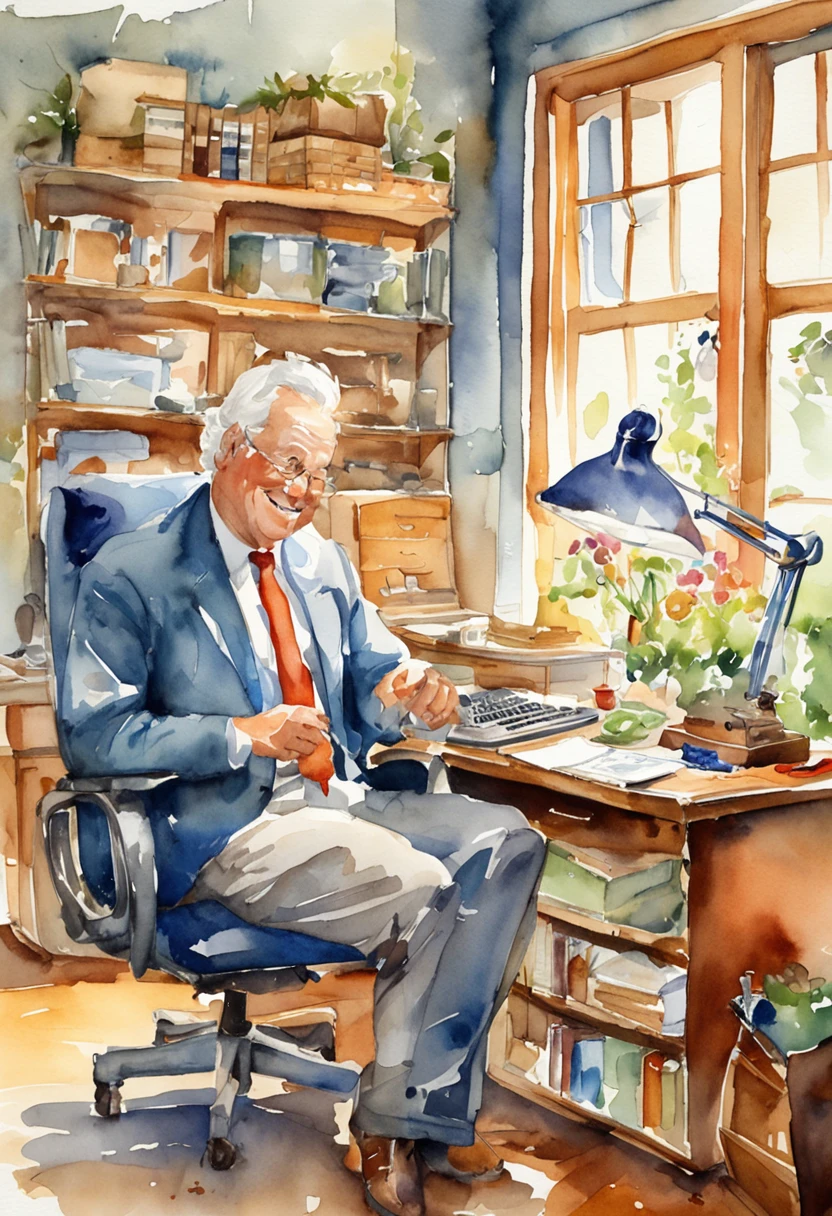 "A cheerful and content American engineering in his vibrant office , captured in a delightful watercolor illustration."rt