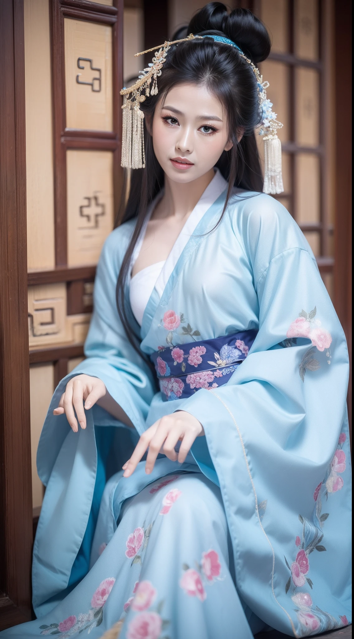 Ancient Chinese clothing，The clothing is floral motifs，ancient china art style，Fashion model 18 years old [[[[closeup cleavage]]]], [[[[boobgasm]]]], [[[[coll]]]], [[[[bshoulders]]]], perfect  eyes, Perfect iris，Perfect lips，perfect teeth，Perfect skin，with fair skin，Soft front light，hdr，Movie girl，long whitr hair，The expression was melancholy，The background is outdoor，Light blue flowers，4K Ultra HD, 超高分辨率, (Photorealistic: 1.4), Best quality，Masterpiece，Utra dilution，（pastel colour：1.2）