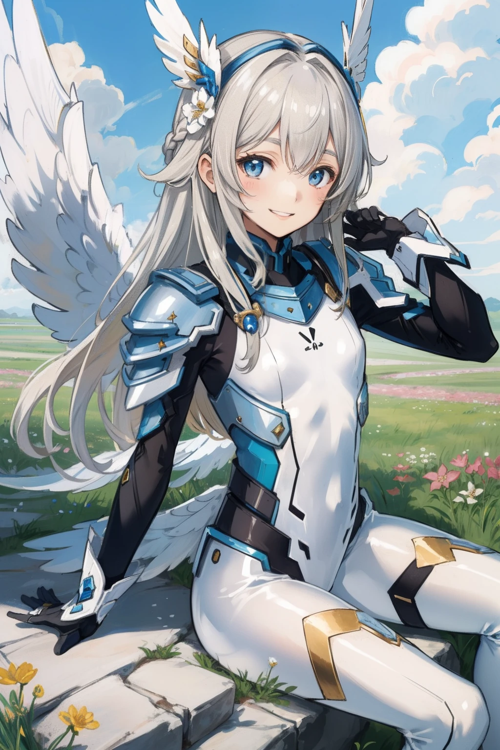 (master piece, Best Quality), Intricate details, valkyrie, kawaii, (((friendly smile))), Hand up, Looking at Viewer, Feather Headgear, Flower meadow, (((flat breast))) on top of the clouds, sitting
1 girl in, Solo, Portrait, Plutinum Blonde Hair, drooping eyes, Silver Single Thigh, White Independent Single Sleeve, gloves, Single braid,
mecha musume, White bodysuit, Silver Reinforced Suit, Mini Feather Wings, pantyhose, full armor, flower decoration, equip sword,
