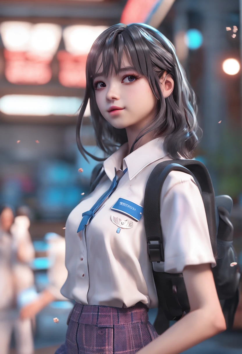 (8K), (Best Quality: 1.2), (Realistic), (Photorealistic: 1.37), Ultra High Definition, 1 Girl, Cute, Smile, Closed Mouth, Beautiful Details, Beautiful Nose, Full Body, Damp Wet Hair blue neon, Colossal Dalsefo, Pork, School Uniform, Thighs korean k pop looks