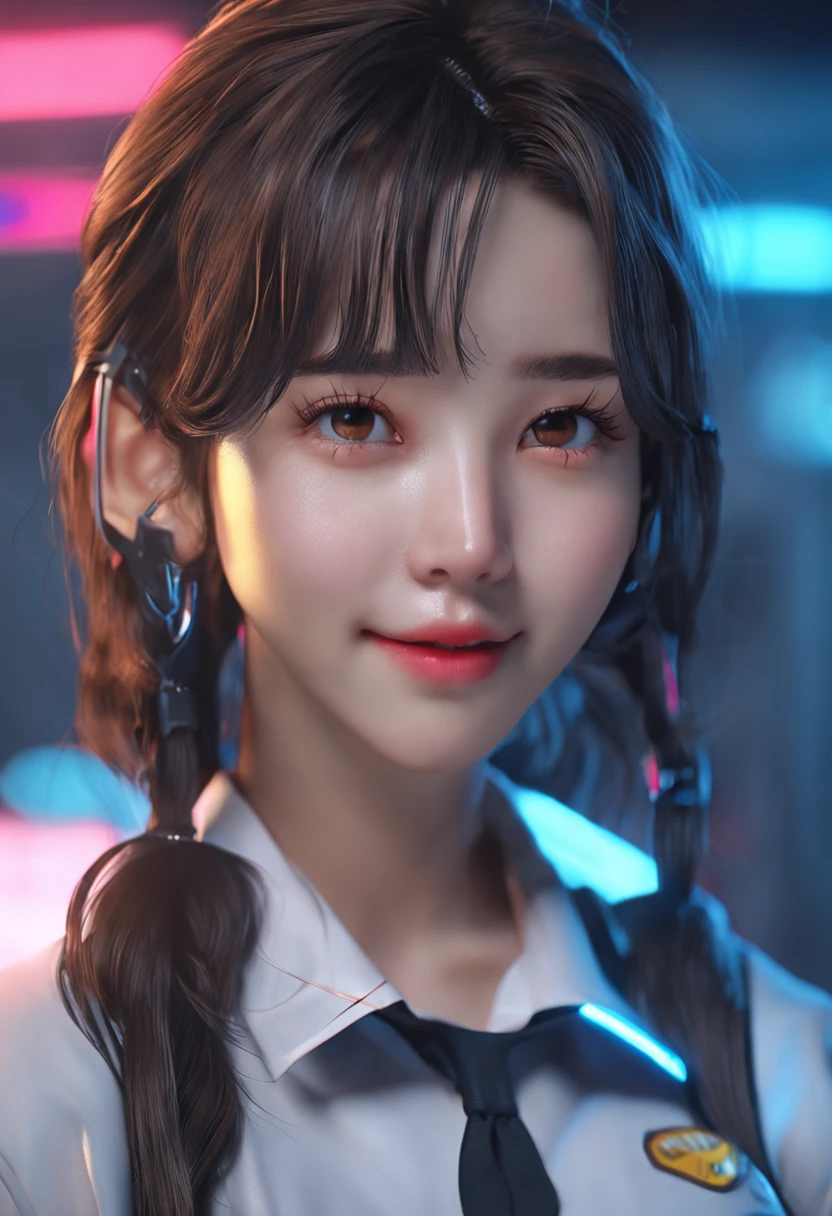 (8K), (Best Quality: 1.2), (Realistic), (Photorealistic: 1.37), Ultra High Definition, 1 Girl, Cute, Smile, Closed Mouth, Beautiful Details, Beautiful Nose, Full Body, Damp Wet Hair blue neon, Colossal Dalsefo, Pork, School Uniform, Thighs korean k pop looks