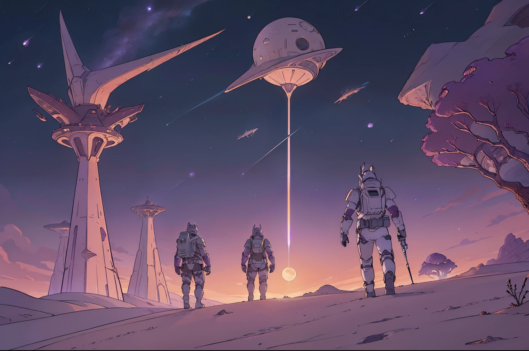 ((1Conic shaped silver spaceship)) landing on an alien planet, two moons of different phases on the sky, sandy desert, dunes, with some ((purple dragon-blood-trees)) on the landscape. Astronauts walking around. Highly detailed.