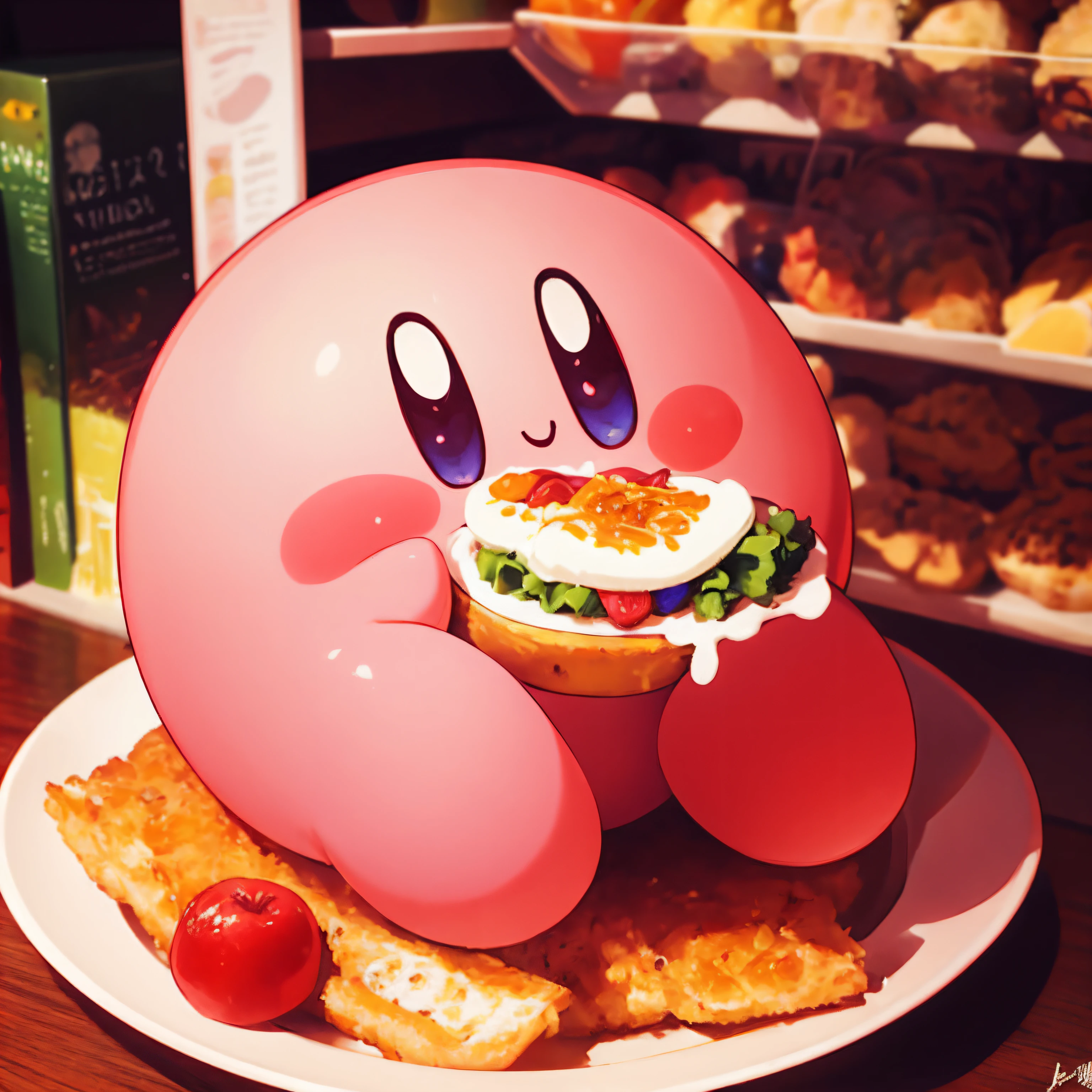 Highly detailed, High Quality, Masterpiece, Kirby, food, eating