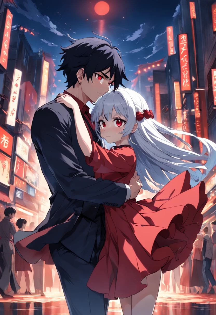 um menino gostoso, with black hair and red eyes dancing with a cute girl who has white hair and blue eyes and wearing a red dress