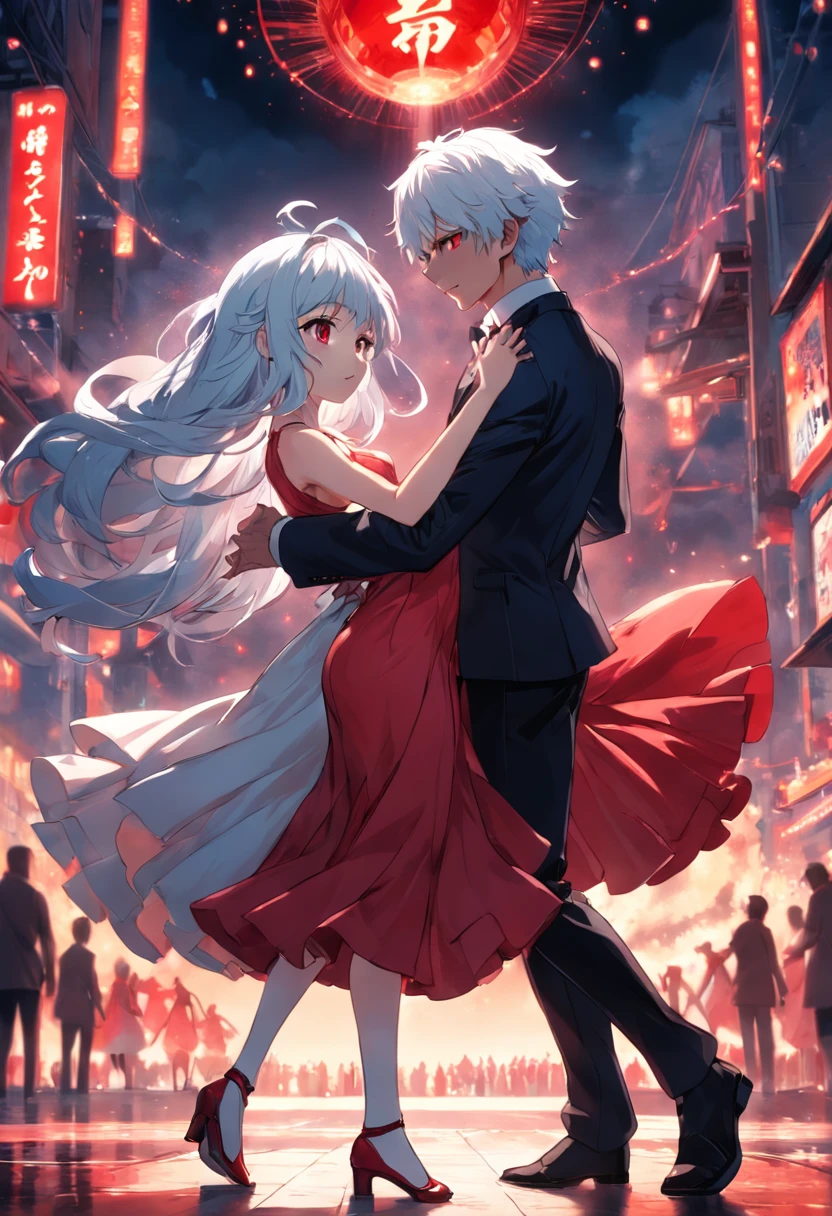 um gostoso, with black hair and red eyes dancing with a cute girl who has white hair and blue eyes and wearing a red dress