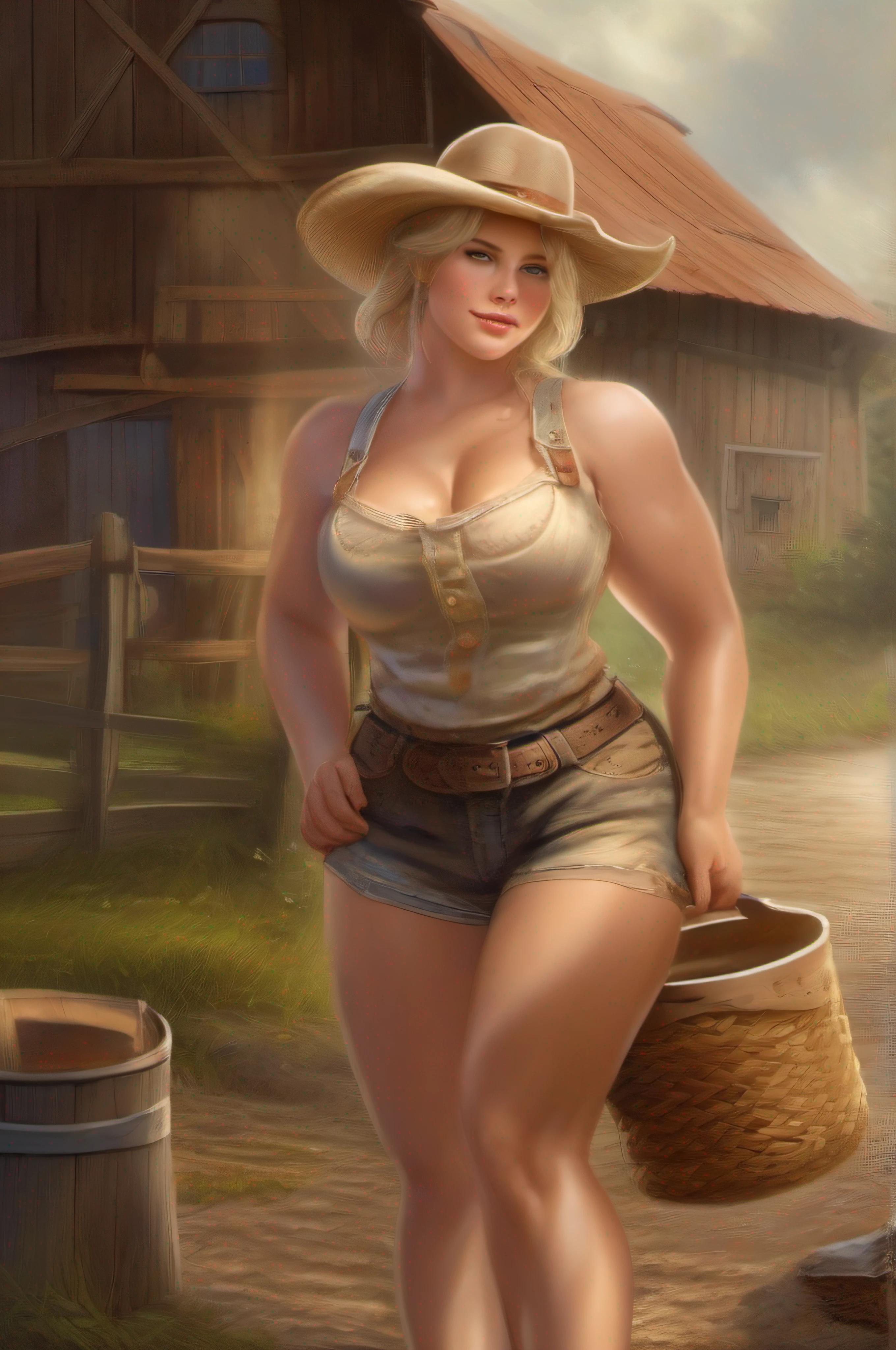 masterpiece, best quality, cowboy shot, 1girl, hat, Blonde hair, Blue eyes, Pale skin from behind, wide hips, from behind, bending over with a bucket of water in hand, outside at a barn, farm, 1800s farm, Thick in all the right places, D-cup round breasts, Slightly chubby but fit, feminine appearance, soft skin, Hourglass shape, Plump glamorous lips, Muscular arms, Somewhat broad shoulders, Thick thighs, Big, plump ass, soft stomach, Light rolls of fat, Wide hips, tank-top and short shorts, sweaty skin, musky, sexy, gigantic ass, hot sun, sweaty, glazed skin, oiled up