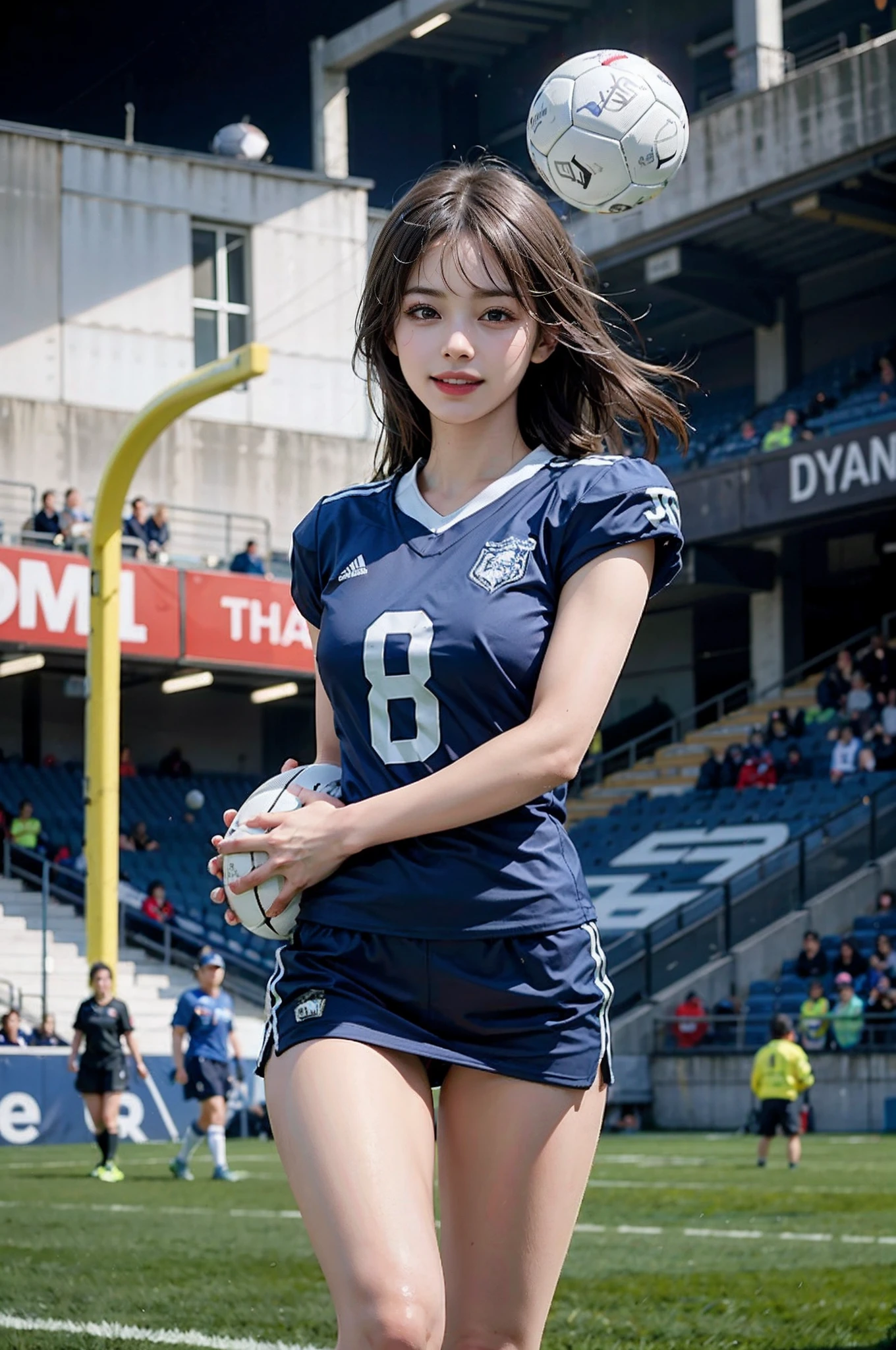 (8K, Raw photo, top-quality, masterpiece: 1.2), masterpiece, super detailing, Ultra-high decomposition energy A, (Realistic and realistic photos: 1.37), high-definition RAW color photography, Very delicate and beautiful., About Igree, 8K Wallpaper, astonishing, detaileds, extremely detailed eye, highlydetailed skin, extremely detailed fingers, highly detailed nose, highly detail mouth, perfect anatomia,1girl in, (Sexy Football Uniforms), a miniskirt,large full breasts,A slender,Toned buttocks,Stockings,Keep one's mouth shut、Smile happily、largeeyes、Distinct double eyelids、Eye lashes、long neck、Absolute area、Clean collarbone、face perfect、thin lips、a small face、(Staring at a soccer ball、Highlights in the eyes、Light brown eyes、Gloss on lips) , (Football Stadium:1.4) jewely, Cute smile,Medium Hair, Solo, 18year old、hposing Gravure Idol, Perfect Lighting,dynamic ungle, (Kick the ball dynamically:1.6),Football matches,Full body,(((No ball in hands:-1.0))),