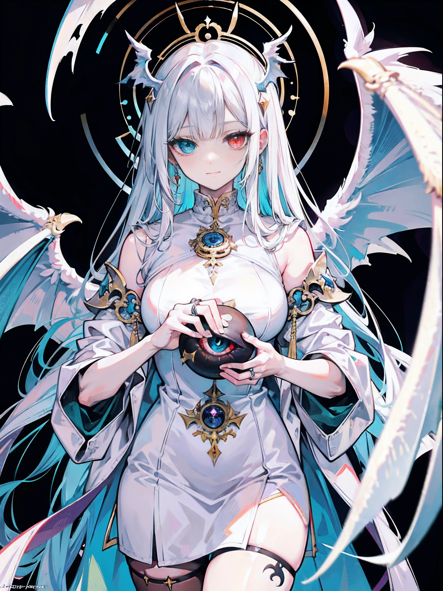 Monster angels that look sacred，His eyes are waiting for heterochromia，His whole body consists of a huge one-eyed eye，and a metal ring around one eye，The ring is crawling with the eyeball，The dragon has many wings on the white holy angel