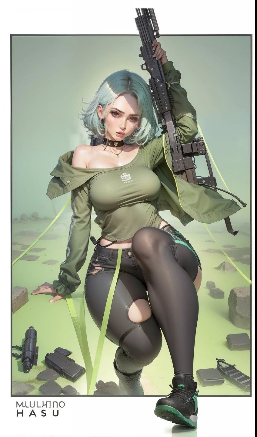 Mulher realista, half pants, blusa verde, cabelo castanho, olhos azuis, arma
