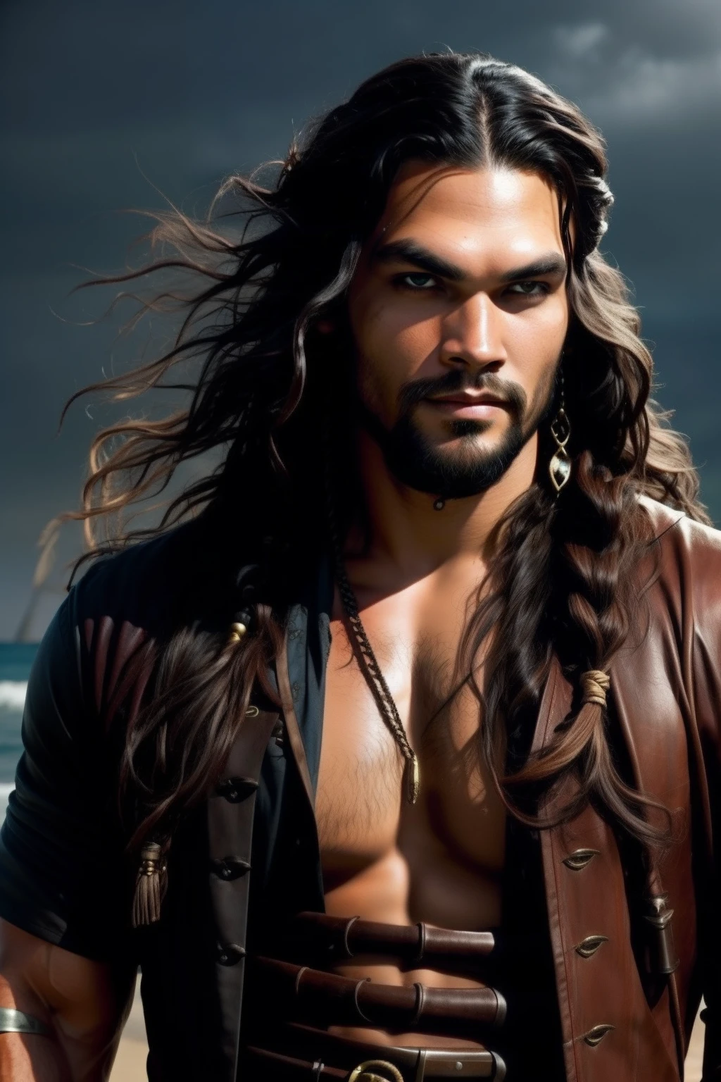 A pirate with long dark hair, a mixture of Jason Momoa and Aiden Turner.