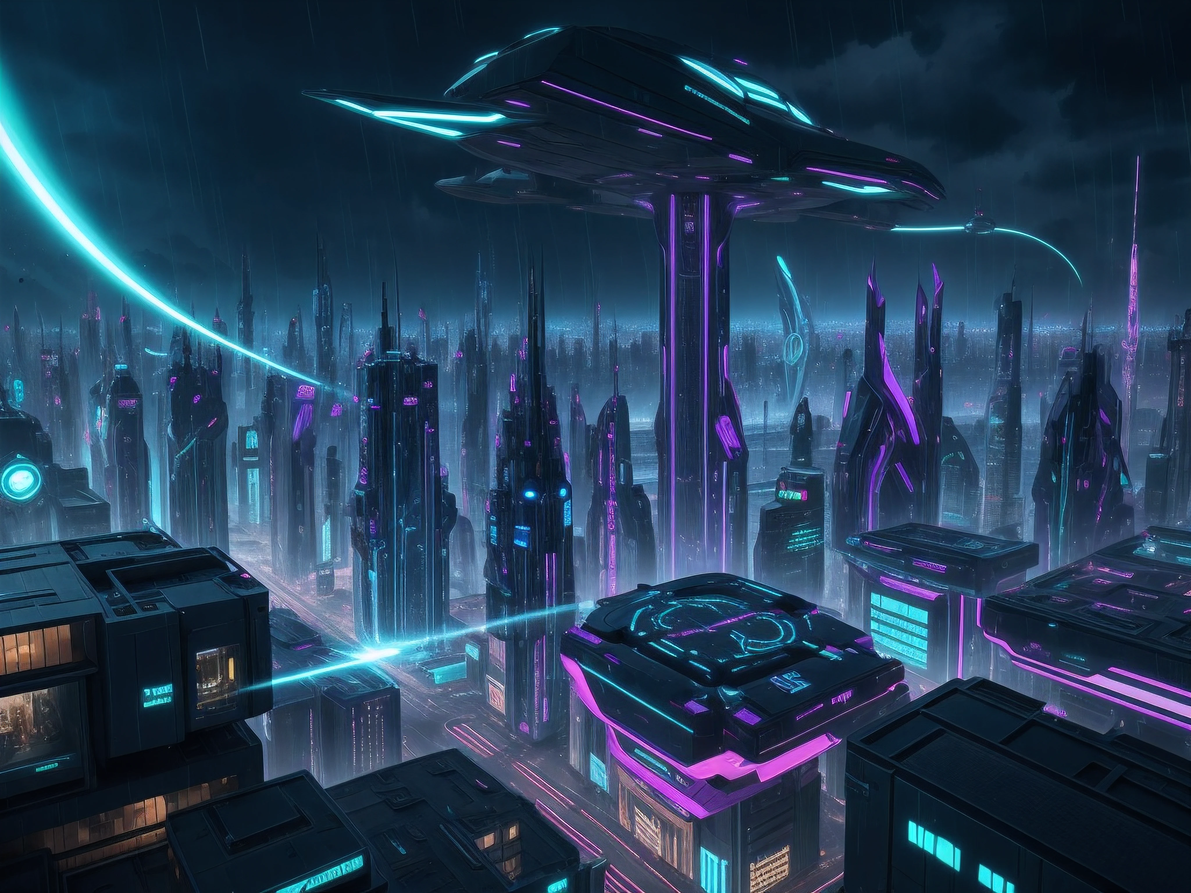 Create an aerial image of a futuristic city, Full of futuristic buildings with highly stylized designs that defy gravity. With flying transport vehicles. Todo en tonos azules, Green and purple in the rain with flashes of neon and durable style. hiperrealista, 8k