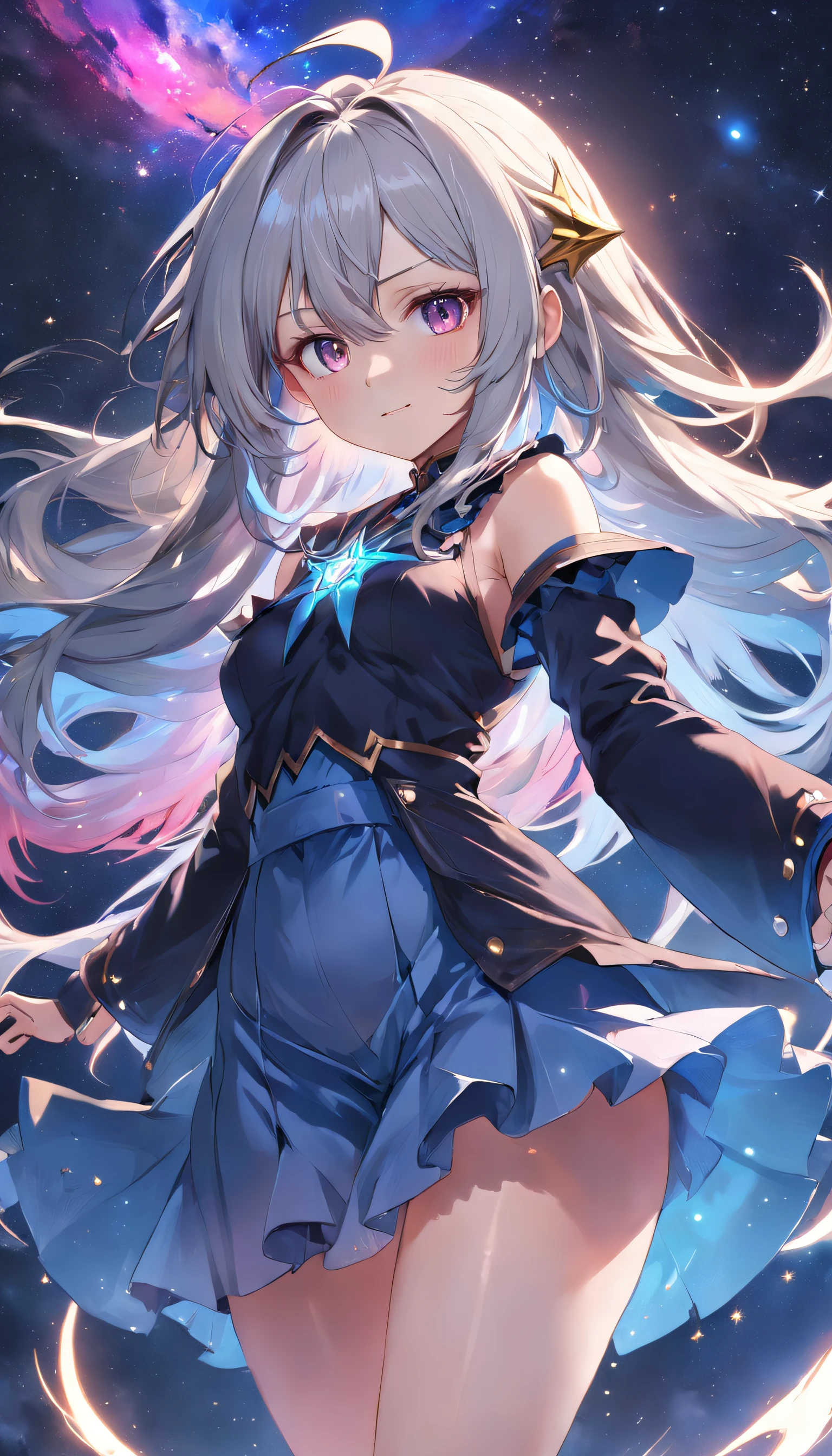 (Full body posing:1.5), (colorful:1.2), Dynamic angle, (extremely detailed CG unity 16k wallpaper:1.1), (Denoising strength: 1.45), (tmasterpiece:1.37), ((ultr detailed)), ((disheveled hair)), beautiful detailed eyes, (1girl:1.2), (solo), dynamic angle, dark magician girl, (black kneehighs:1.1), (starry tornado:1.4), starry Nebula, ((frills)), beautiful detailed sky, beautiful detailed eyes, evil smile, expressionless, hairs between eyes, white hair, pleated skirt, ((disreveled hair)), ((illustration)), god rays, sparkle, glowing light, ((masterpiece)), (((best quality)))