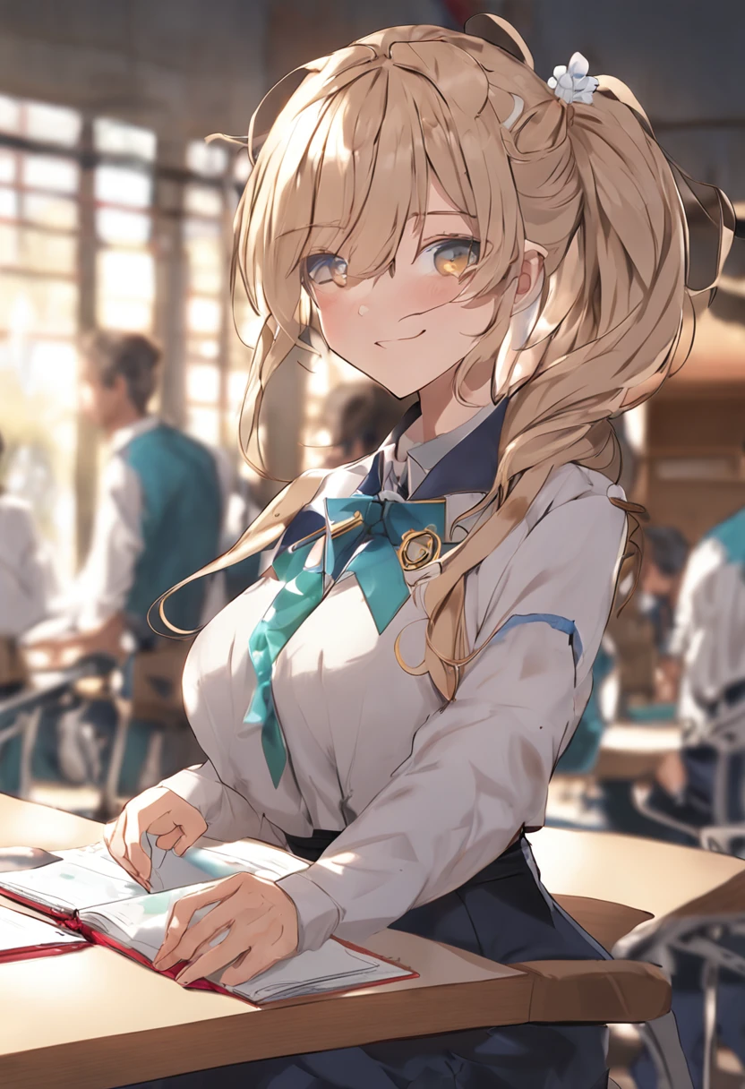 ((high aesthetic)), highly rated, absurdres, absurd resolution, highres, high resolution, best quality, masterpiece, 1girl, ((solo)), blonde hair, indoors, shade, smile,art by kipteitei, (wide hips:1.2), hyper belly, school uniform, (small breasts)classroom, table