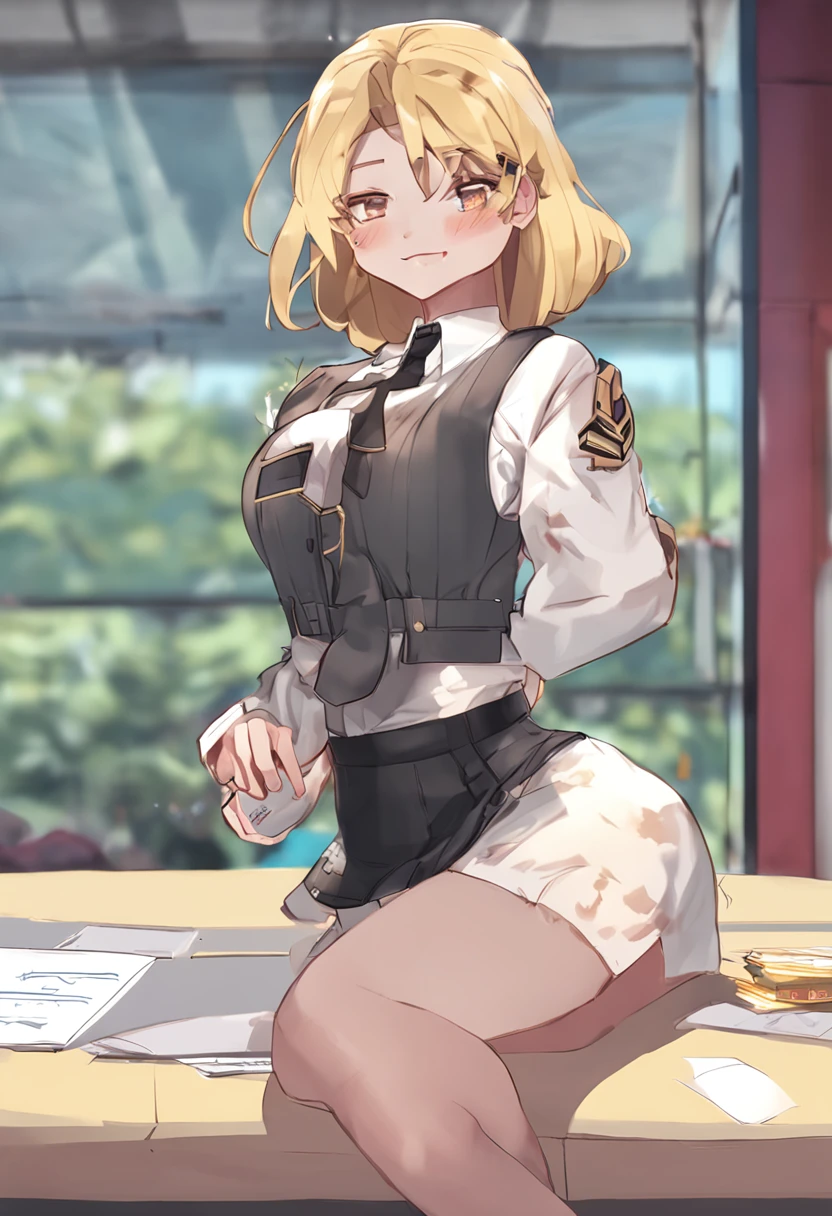 ((high aesthetic)), highly rated, absurdres, absurd resolution, highres, high resolution, best quality, masterpiece, 1girl, ((solo)), blonde hair, indoors, shade, smile,art by kipteitei, (wide hips:1.2), hyper belly, school uniform, (small breasts)classroom, table