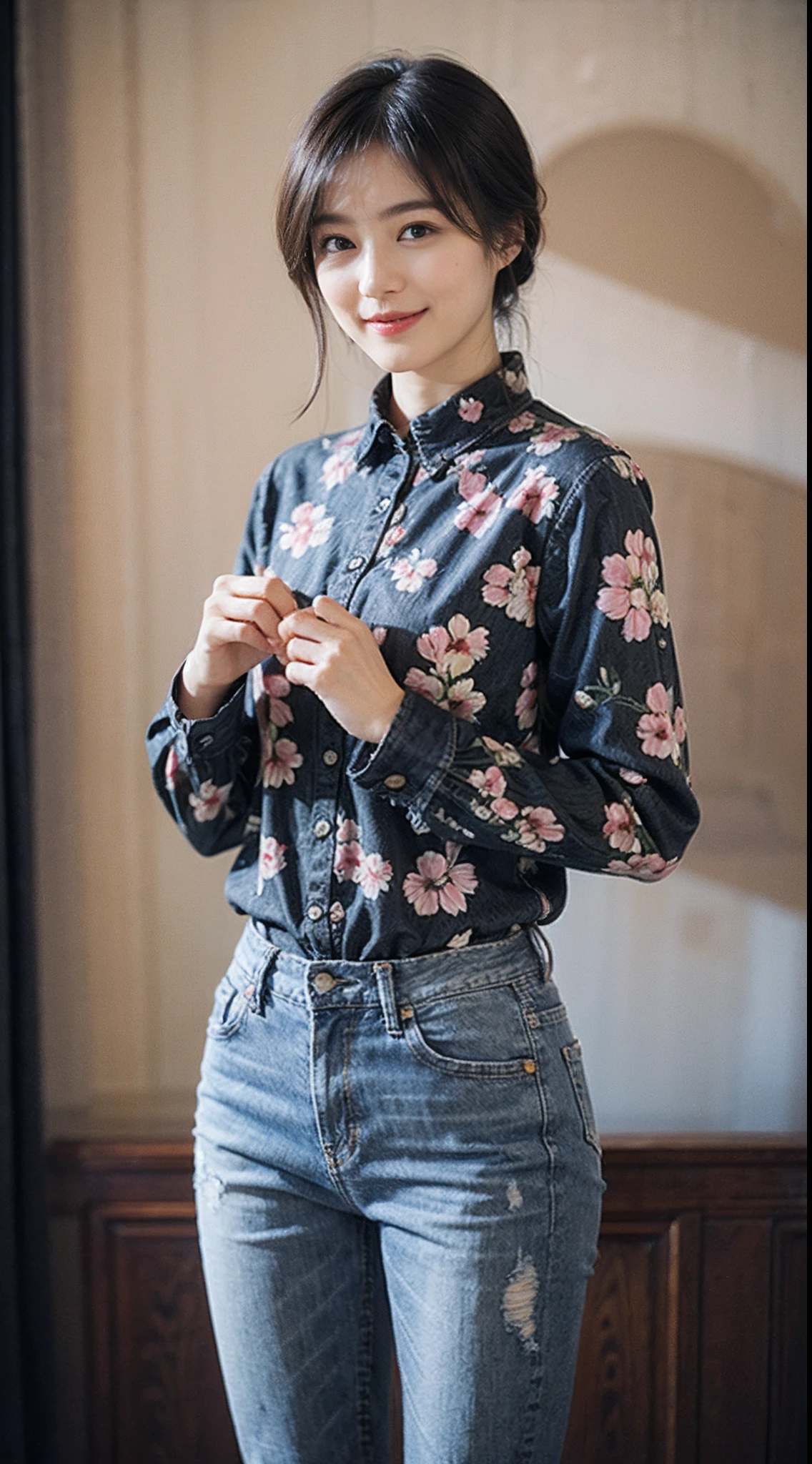 21-year-old Japan woman、Mini white skirt in the wind、40k、a picture、​masterpiece、top-quality、Dark gray background、fit derrier、SFW、(1 Girl with blue eyes and light brown hair curly)、(Semi-shirt Abtara_outfit:1.3)、(Pink costume:1.3)。Model body type、small tits