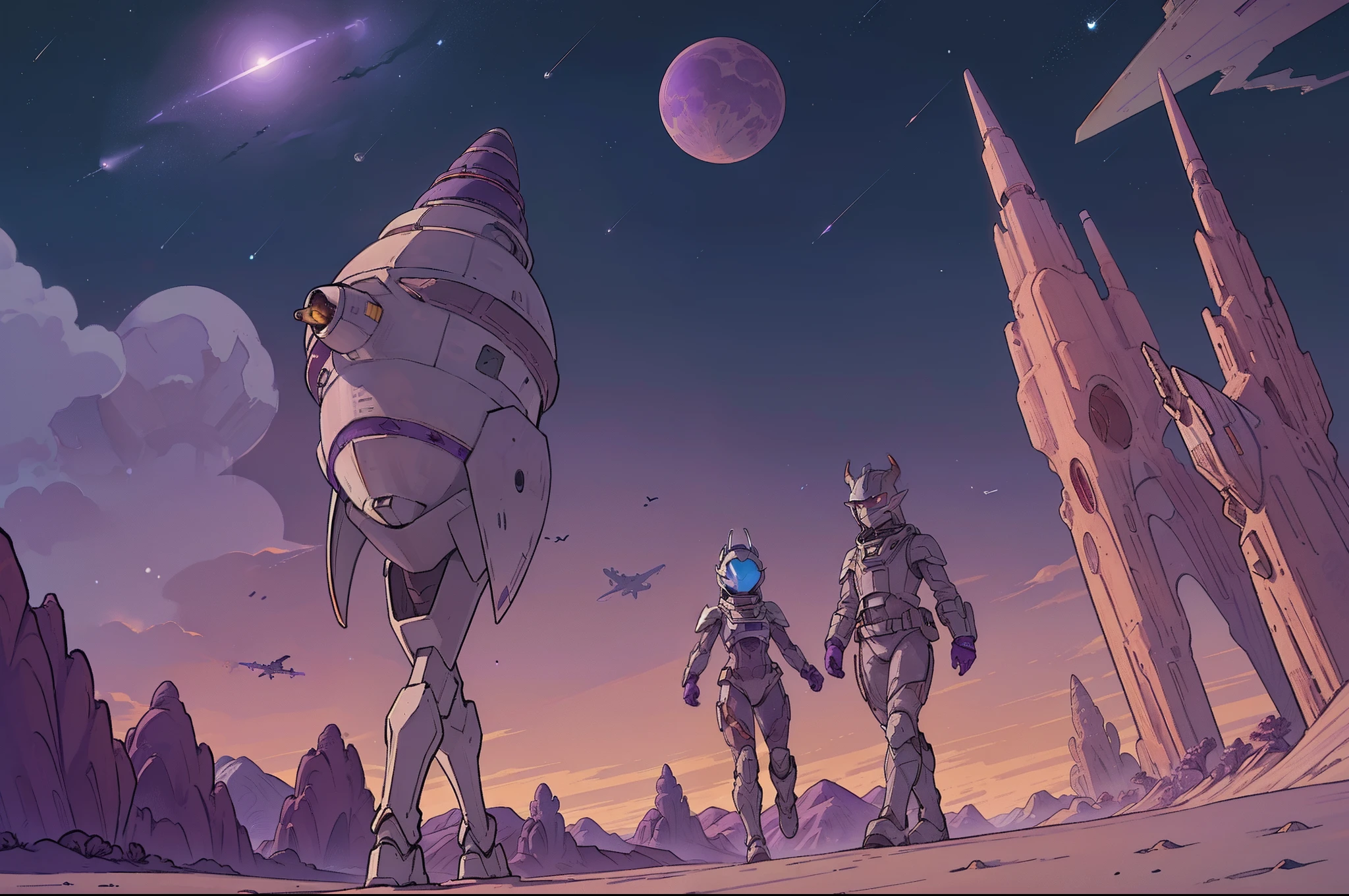 ((1Conic shaped silver spaceship)) landing on an alien planet, two moons of different phases on the sky, sandy desert, dunes, with some ((purple dragon-blood-trees)) on the landscape. Astronauts walking around. Highly detailed.