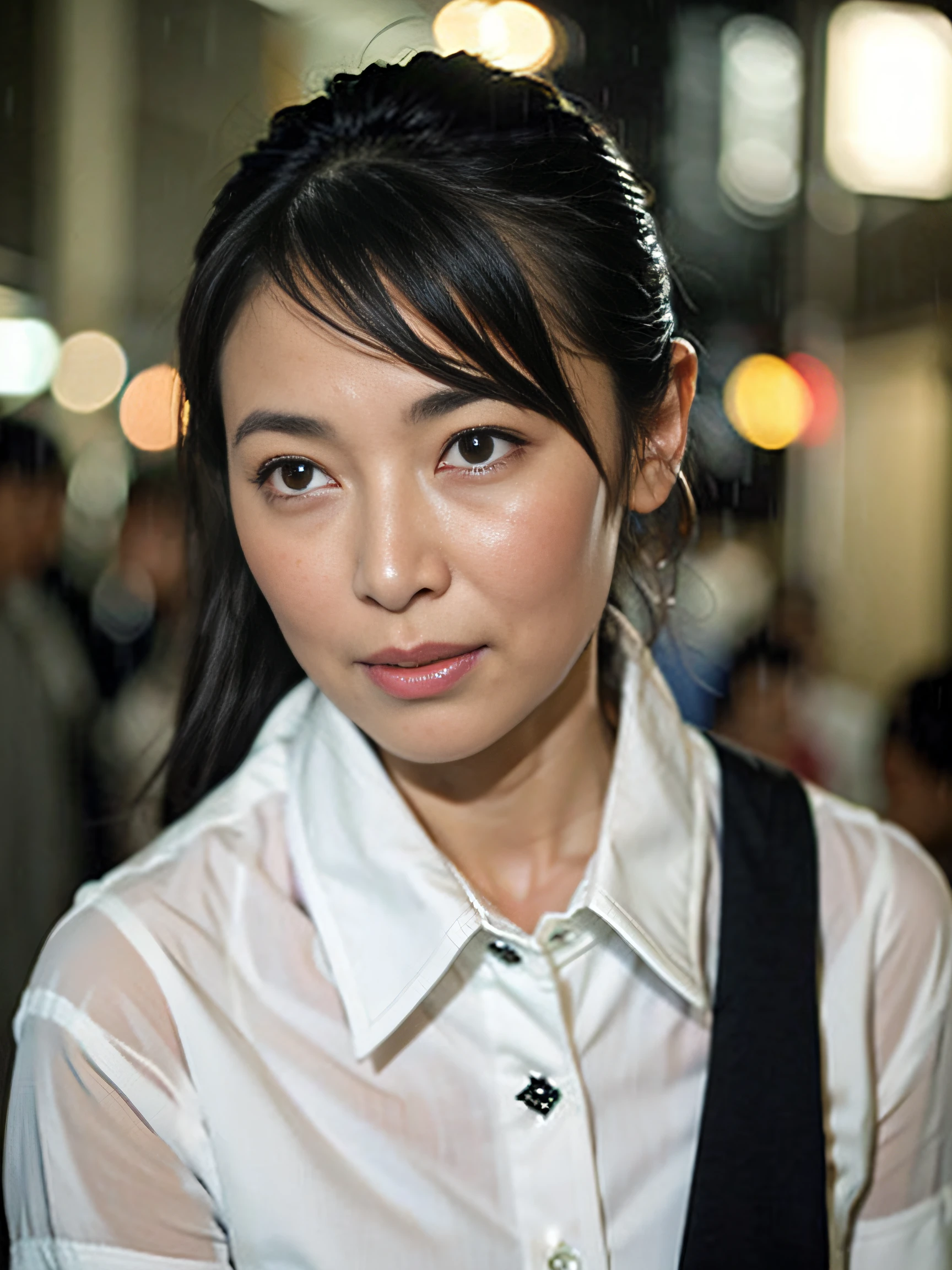 (Best Quality, 8K, Masterpiece: 1.3)), Sharp: 1.2, Perfect Physical Beauty: 1.4, Slim Abs: 1.2, ((Hairstyle: Ponytail), (Wet White Buttoned Short Shirt: 1.1), (Rainy, Midtown Alleyway: 1.2), Wet: 1.5, Highly Detailed Unretouched Facial and Skin Textures, Meticulous Eyes, Double Eyelids, Sideways Looking at Camera