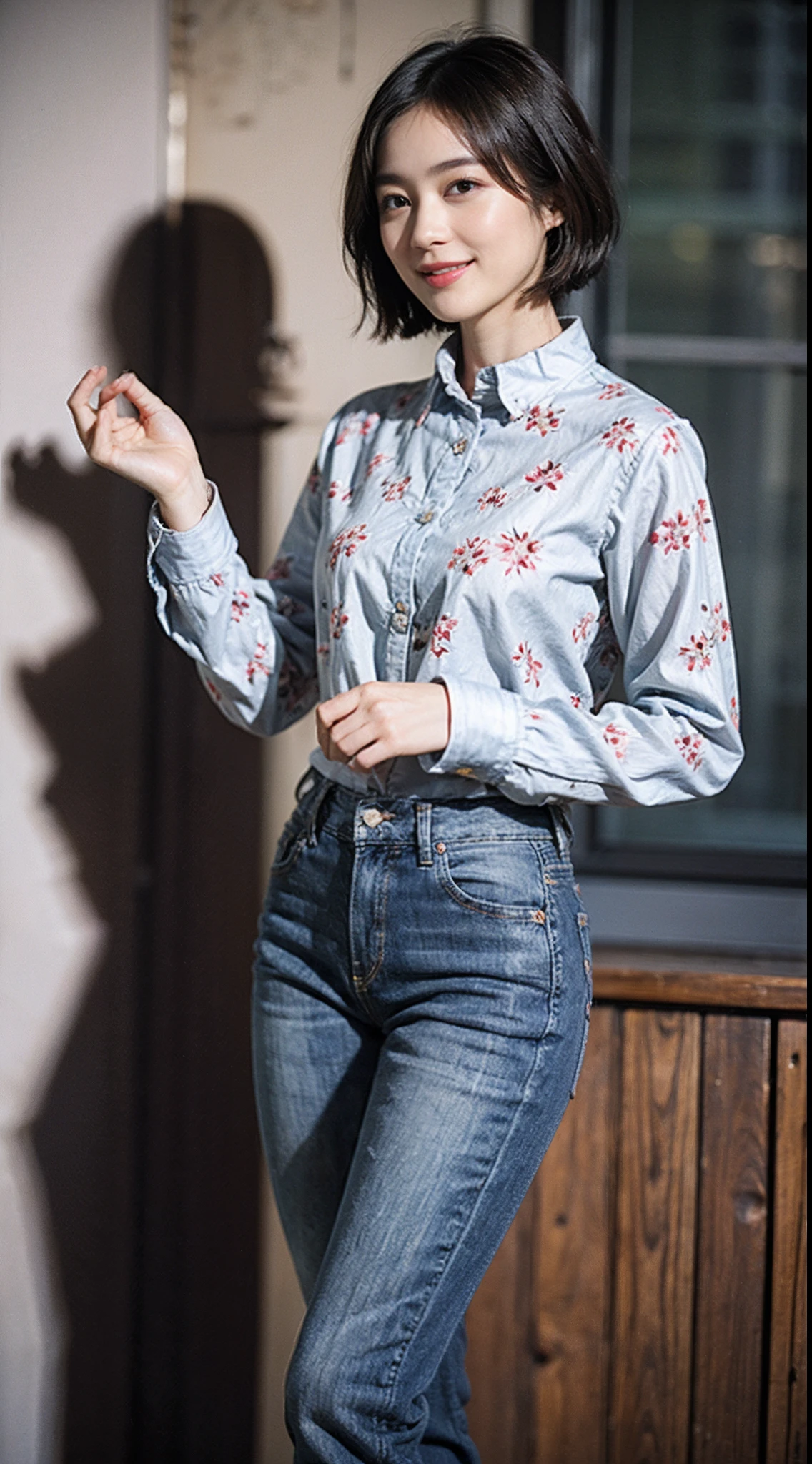 (Masterpiece)、(High-quality photos)、ultra-detailliert、((1beautiful woman))、((Jeans - Wear jeans))、((Long sleeve shirt with floral pattern))、((Black Shorthair))、((A slight smil)))、((paprika))