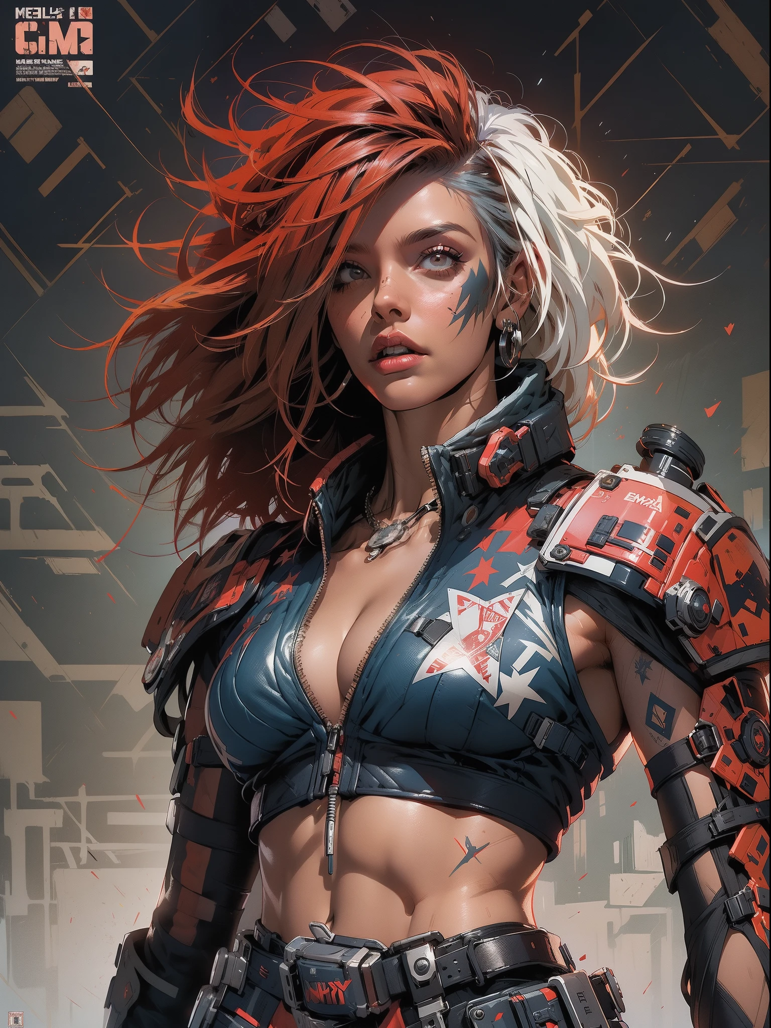 (((mulher))), (((melhor qualidade))), (((obra prima))), (((adulto))), (((1girl))), ((( corte de cabelo bob ))), Uma gladiadora cyberpunk mulher de 25 anos com corpo perfeito, shoulder pads with metal spines, Gladiadores do Brooklyn, (( corte de cabelo bob )), tiny leather panties, camiseta de time de rugby rasgada, quase nua no estilo selvagem urbano de Simon Bisley para a capa da revista Heavy Metal, Cabelo loiro curto, Minimum clothing, Metal protection on the left arm with intricate graphics, Dark red with white stars and white and navy blue checkerboard pattern, armadura, cheio de pontas e rebites, (((do joelho pra cima))), cabelos loiro branco curto, no fundo uma parede pintada por Shepard Fairey com um design intrincado