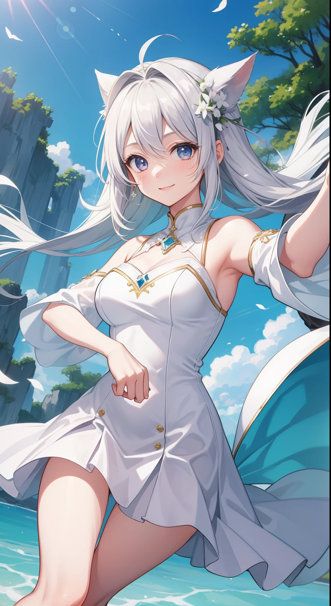 1girl in、AS-Adult、A smile、White costume、Spring breeze and、Dancing、