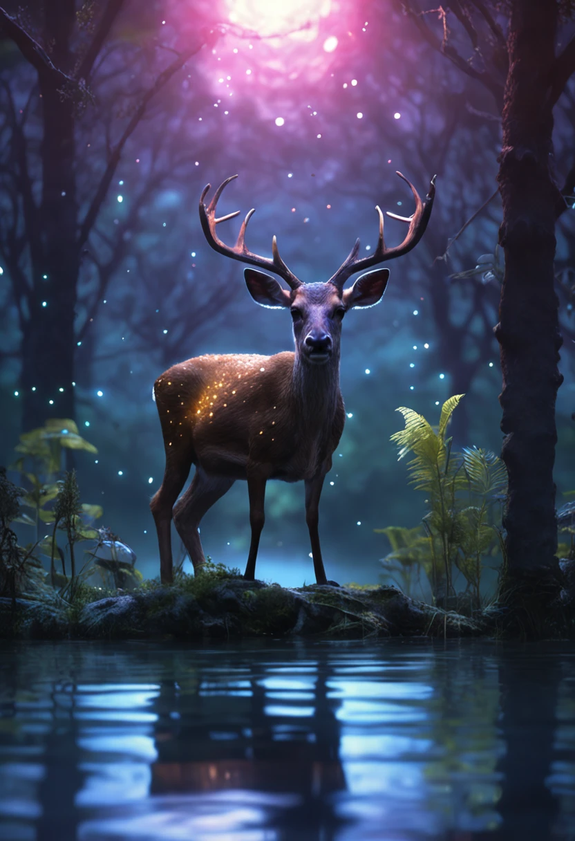 Hyper-realistic style of Jean-Baptise Mongue, a BioLuminiscent deer in the midle, clear waterhole, reflection, micro fireflies, dark night, forest juggle, very low light, whimsical, fantasical, etheral, beauty, dreamy, high_res