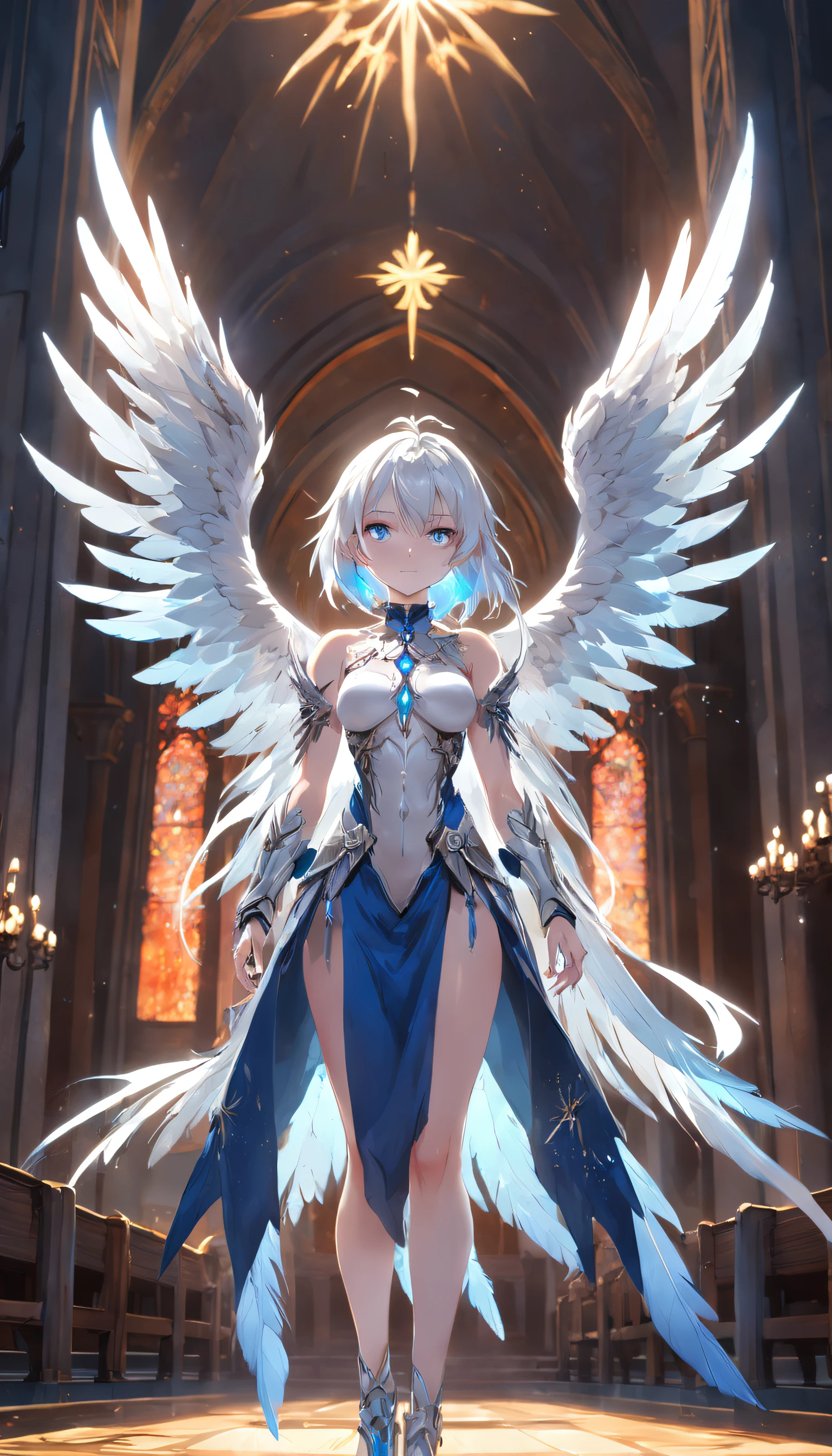 (Full body posing:1.5), (colorful:1.2), Dynamic angle, (extremely detailed CG unity 16k wallpaper:1.1), (Denoising strength: 1.45), (tmasterpiece:1.37), {{masterpiece}}, flat chestbest quality}, {highres}, solo, flat_chest, a girl inside the church with white hair and blue pupil surrounded by {many} glowing {feathers} in cold face, detailed face, night with bright colorful lights whith richly layered clouds and clouded moon in the detailed sky, {a lot of glowing particles}, high ponytail, mecha clothes, robot girl, cool movement, sliver bodysuit, {filigree}, delicate and (intricate) hair, ((sliver)) and (broken) body, blue streaked hair, full body, sitting on a {blue star}, Depth of field, god rays, sparkle, glowing light