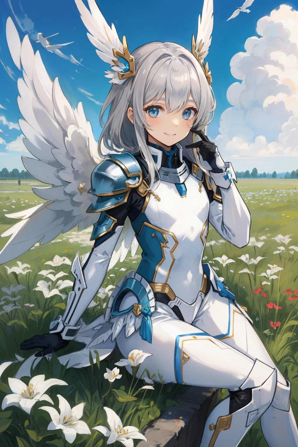 (​master piece, Best Quality),  Intricate details, valkyrie, (((friendly smile))), Hand up, Looking at Viewer, Feather Headgear, Flower meadow, (((flat breast)))  on top of the clouds, sitting
1 girl in, Solo, Portrait, Plutinum Blonde Hair, drooping  eyes, Silver Single Thigh, White Independent Single Sleeve, gloves, Single braid, 
 mecha musume, White bodysuit, Silver Reinforced Suit, Mini Feather Wings, pantyhose, full armor, flower decoration, equip sword,