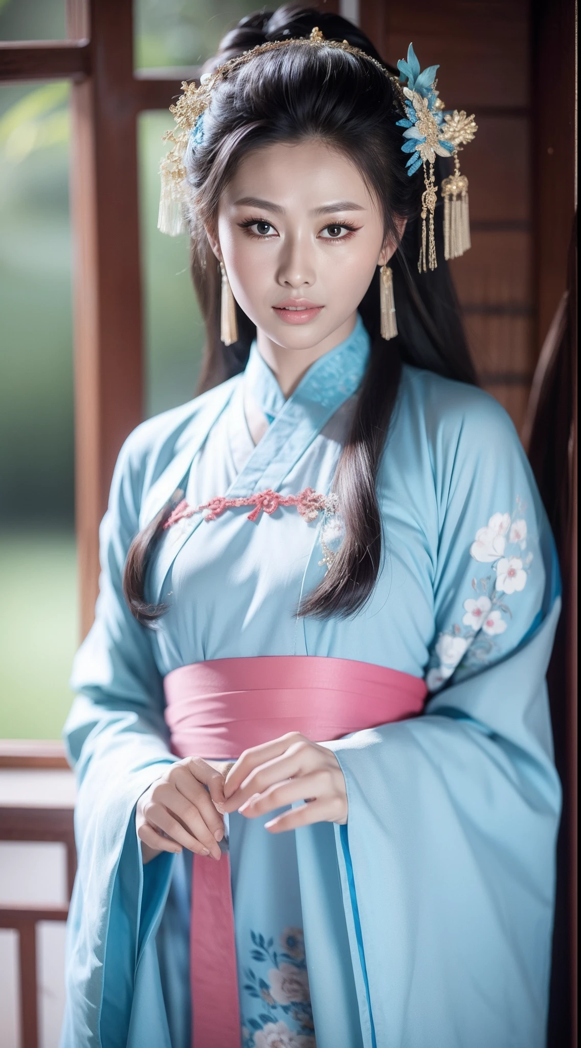 Ancient Chinese clothing，The clothing is floral motifs，ancient china art style，Fashion model 18 years old [[[[closeup cleavage]]]], [[[[boobgasm]]]], [[[[coll]]]], [[[[bshoulders]]]], perfect  eyes, Perfect iris，Perfect lips，perfect teeth，Perfect skin，with fair skin，Soft front light，hdr，Movie girl，long whitr hair，The expression was melancholy，The background is outdoor，Light blue flowers，4K Ultra HD, 超高分辨率, (Photorealistic: 1.4), Best quality，Masterpiece，Utra dilution，（pastel colour：1.2）