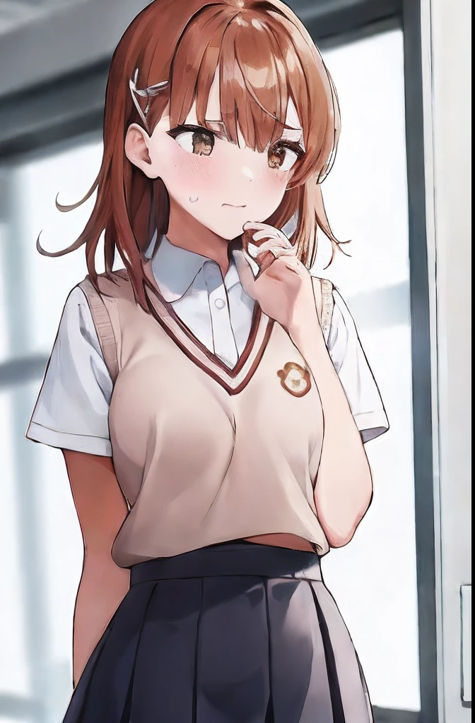 Masterpiece, highres, high Quality, 1girl, clothes lift, lifted by another, skirt lift,, masterpiece, best quality, highly detailed, misaka_mikoto, school_uniform, tokiwadai_school_uniform, BREAK white cute panties, flushed face, embarrassed, looking sideways, looking away,